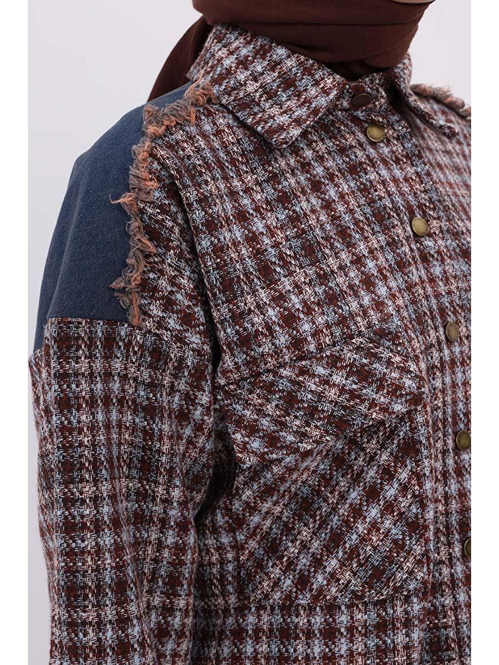 Yeşil Mint-Turuncu-Denim Garnili Tüvit Gömlek Tunik-4