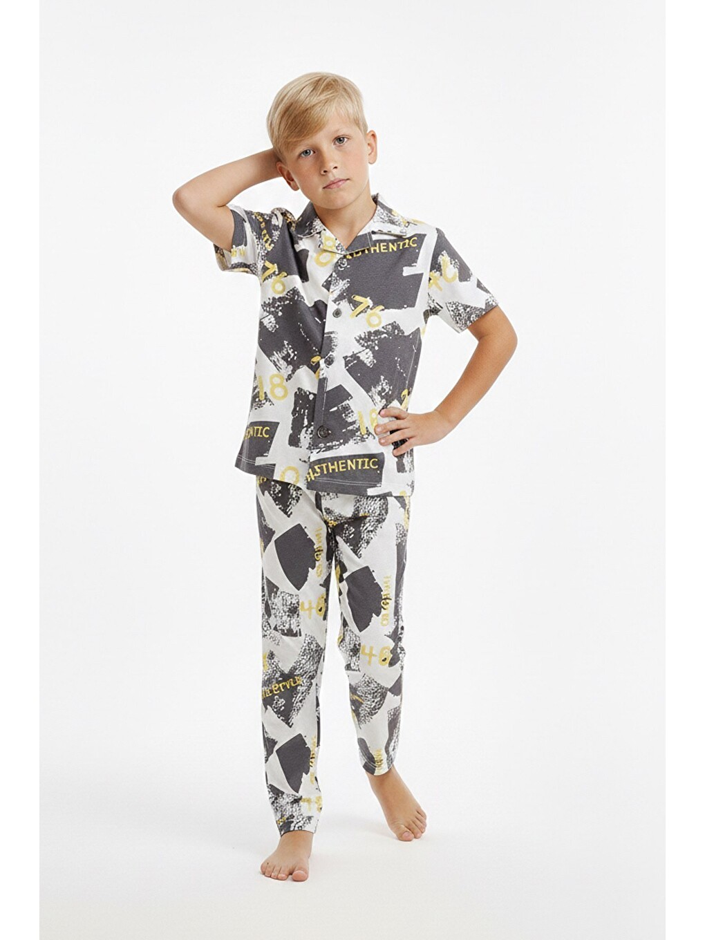 Gri Erkek Çocuk %100 Pamuk ve Gömlek Tarz Pijama Takımı 2-13 Yaş 12687IS-1