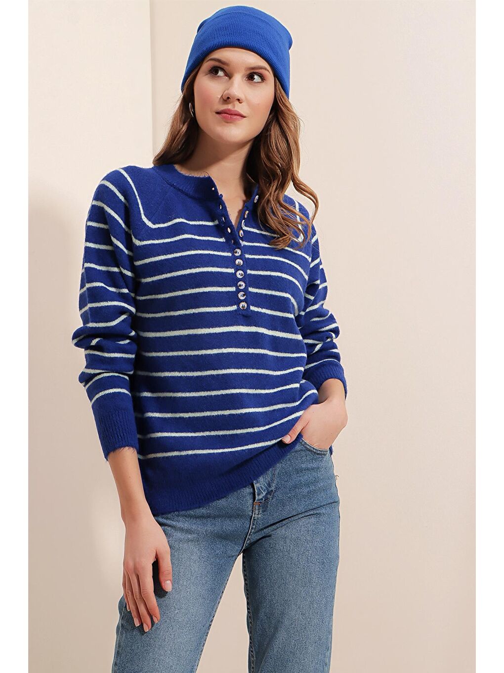 Mavi 15808 Düğmeli Kazak - Saks-1