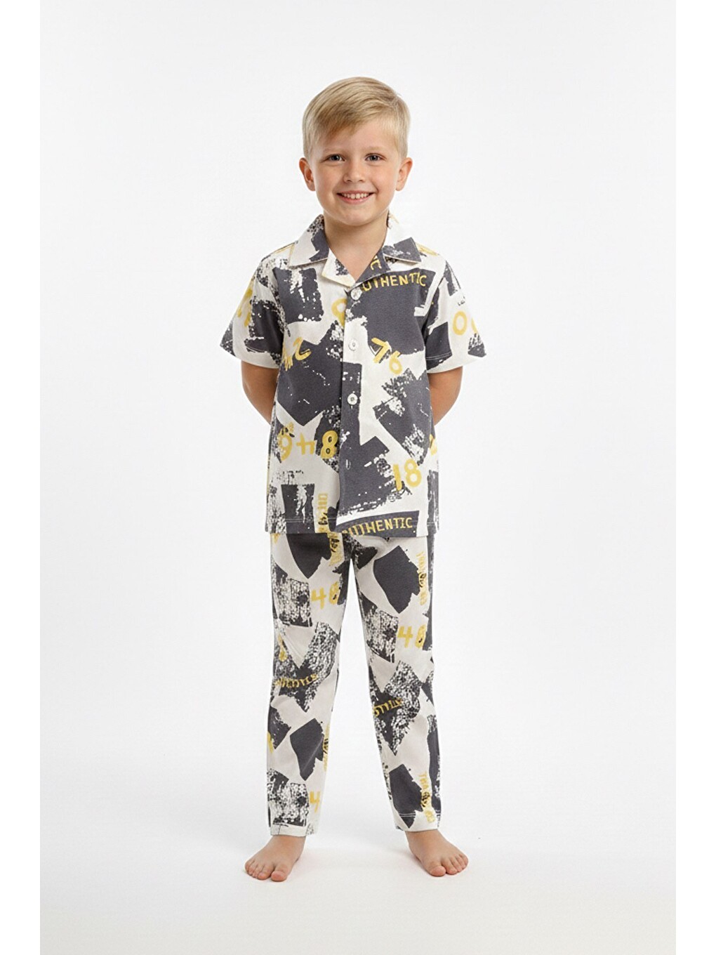 Gri Erkek Çocuk %100 Pamuk ve Gömlek Tarz Pijama Takımı 2-13 Yaş 12687IS-3