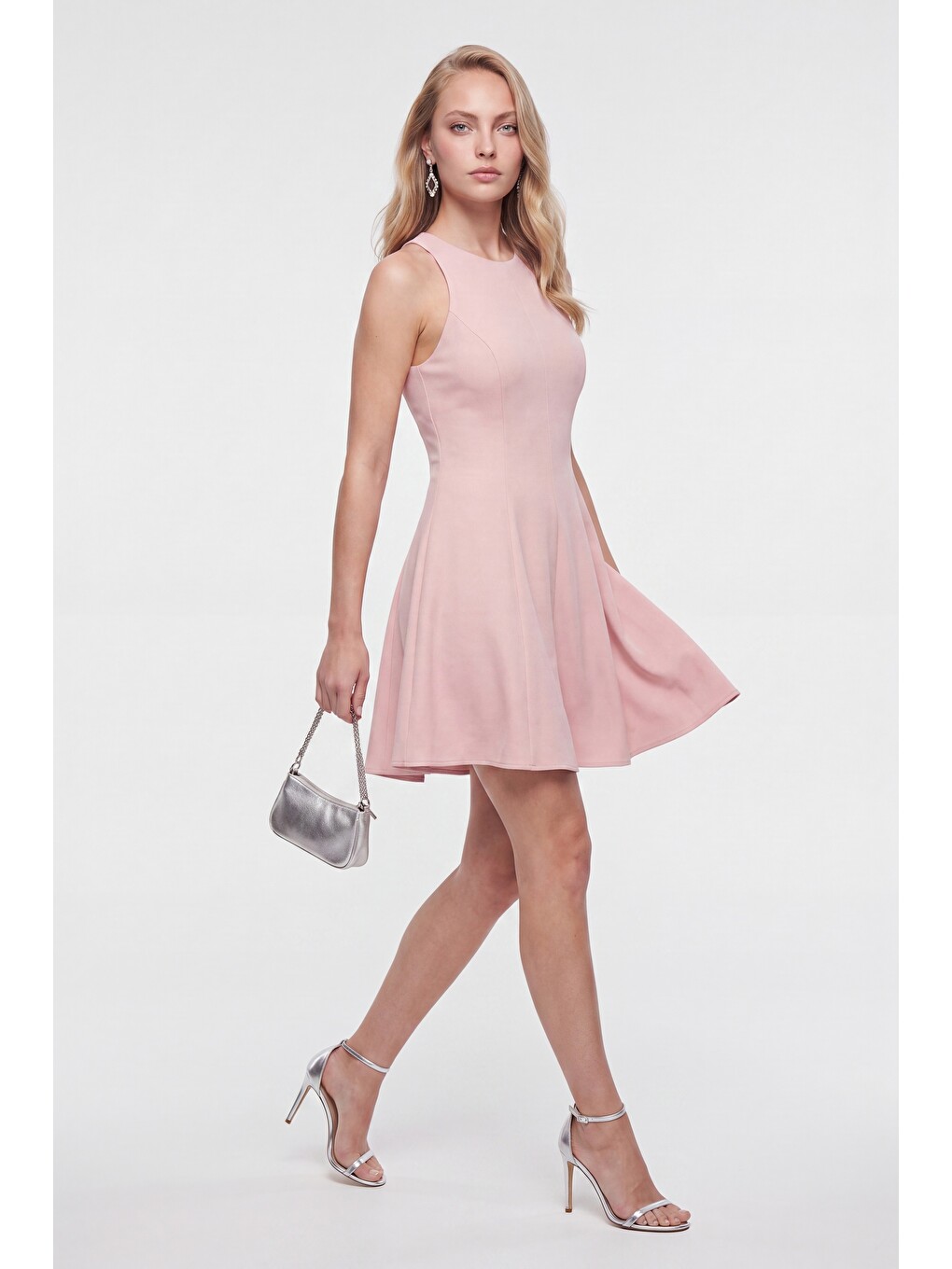 Pembe Kadın Pudra Halter Yaka Mini Mezuniyet Abiye Elbise-1
