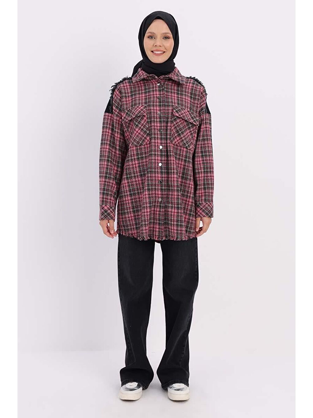 Pembe-Siyah-Denim Garnili Tüvit Gömlek Tunik-1