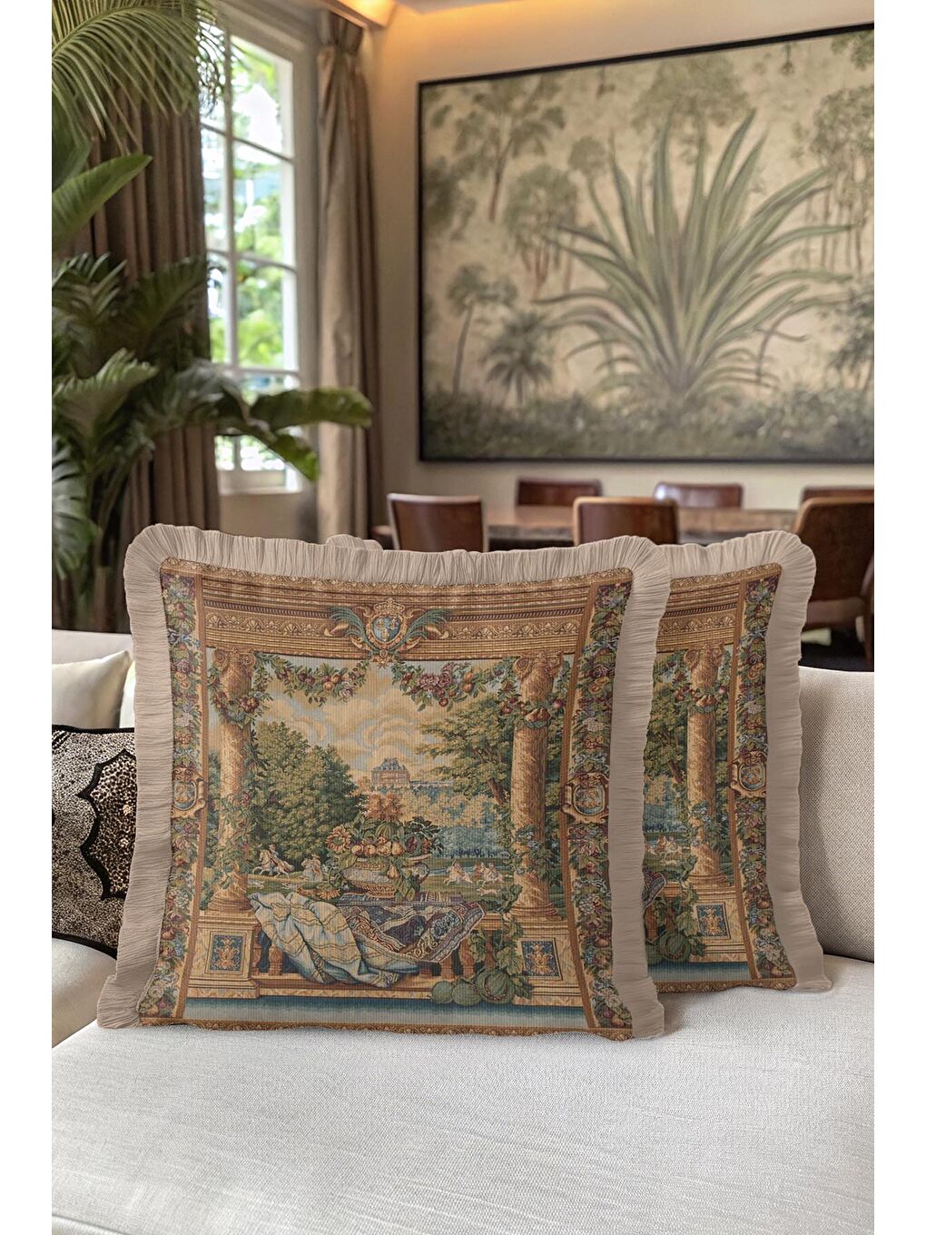 Karışık Avangard Barok Saçaklı Yastık Kılıfı - Şato Bahçe Klasik Nostaljik Altın Renk Püsküllü Kırlent Kılıf-5