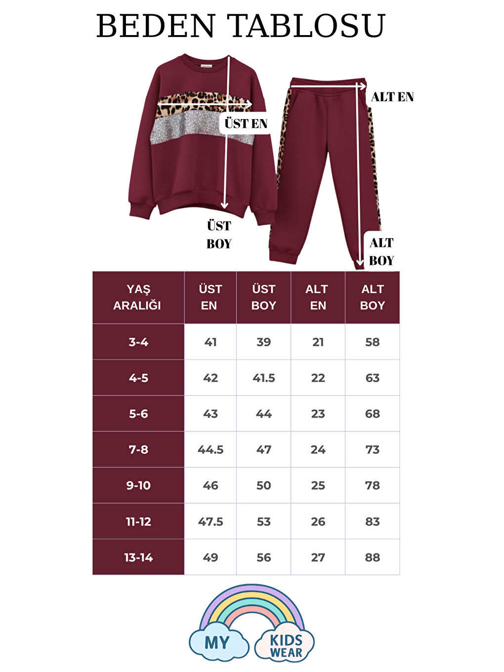 Bordo Kız Çocuk Leopar Şeritli Eşofman Takımı 3-14 Yaş 12270-1