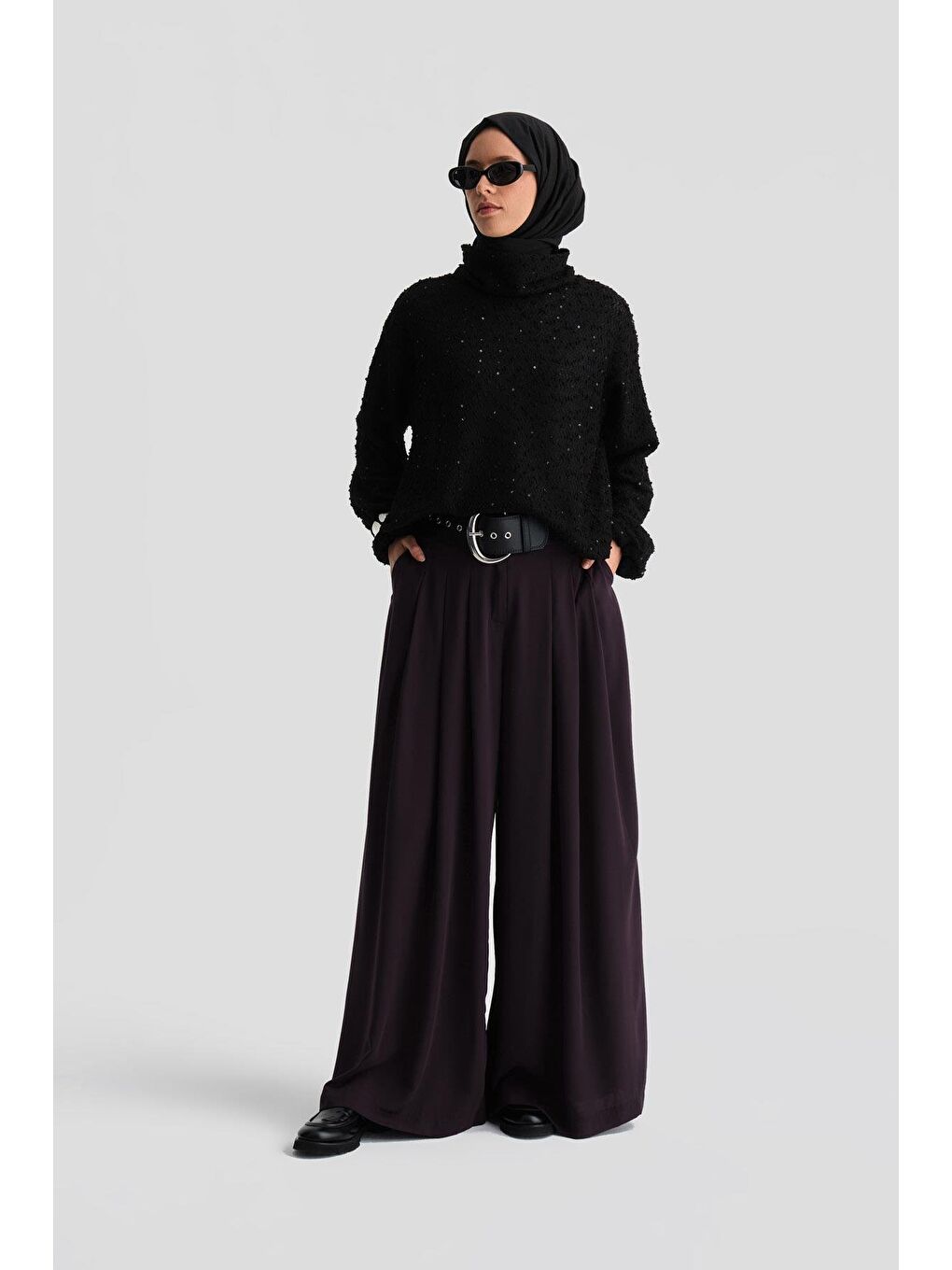 Yüksek Bel Pliseli Pantolon 24K2700 Mor-1