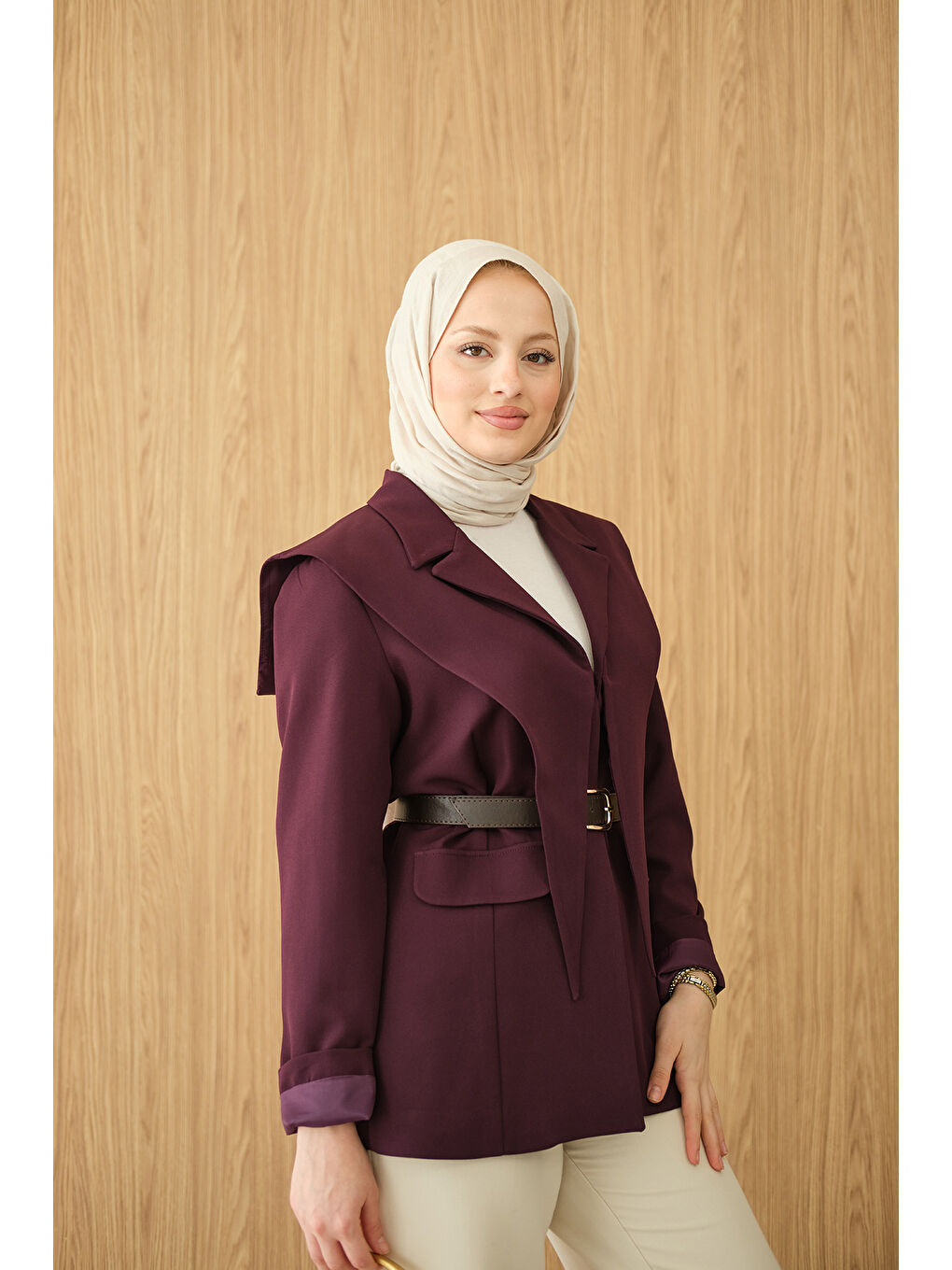 Kadın Kruvaze Yaka Cep Detay Ceket Mürdüm-1