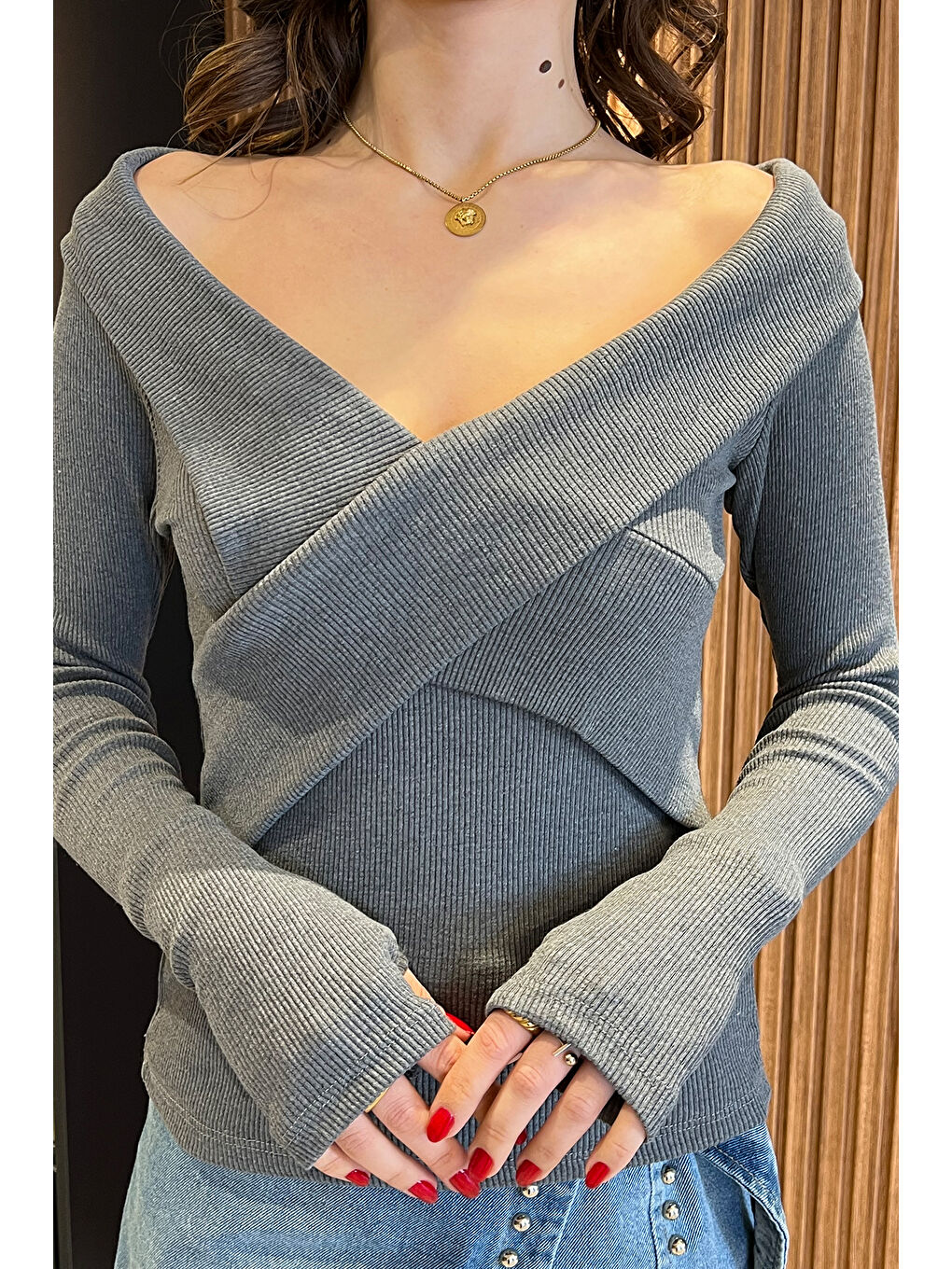 Antrasit Ön Çapraz Detaylı Kadın Kaşkorse Bluz-2