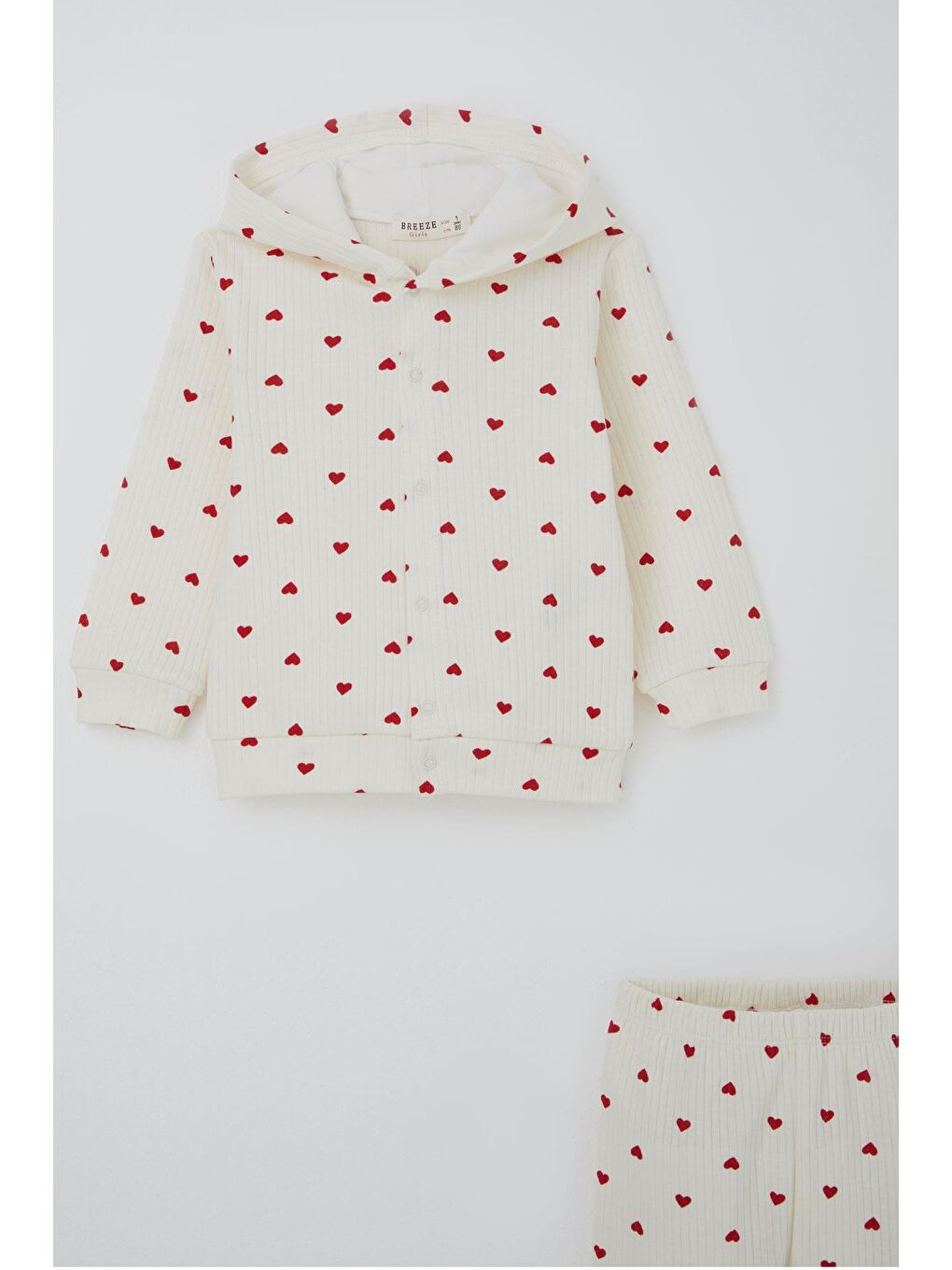 Ekru Kız Bebek Bodyli 3 Lü Takım Kalp Desenli Önden Çıtçıtlı Krem (4 Ay-1 Yaş)-2