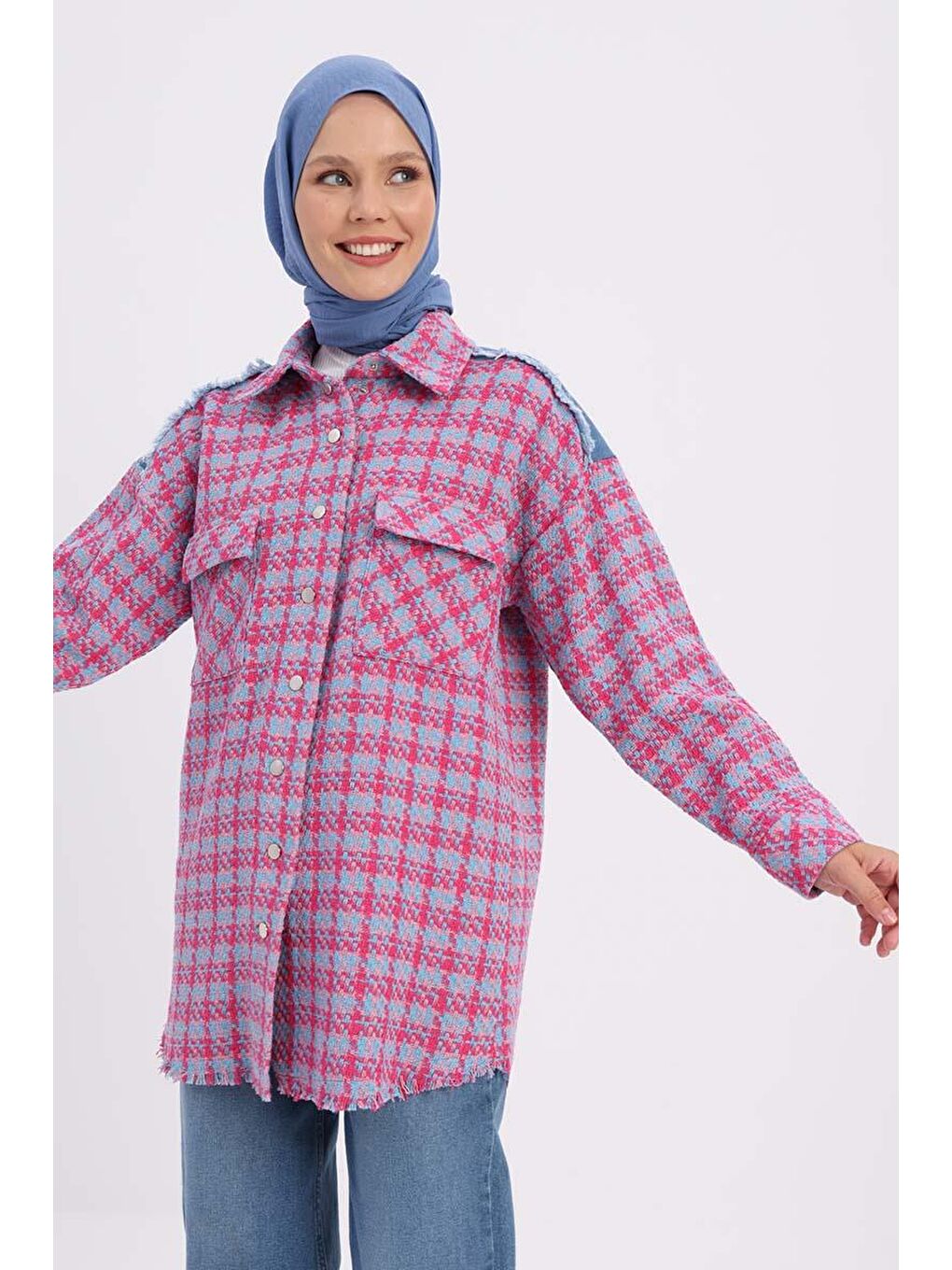 Pembe-Mavi-Denim Garnili Tüvit Gömlek Tunik