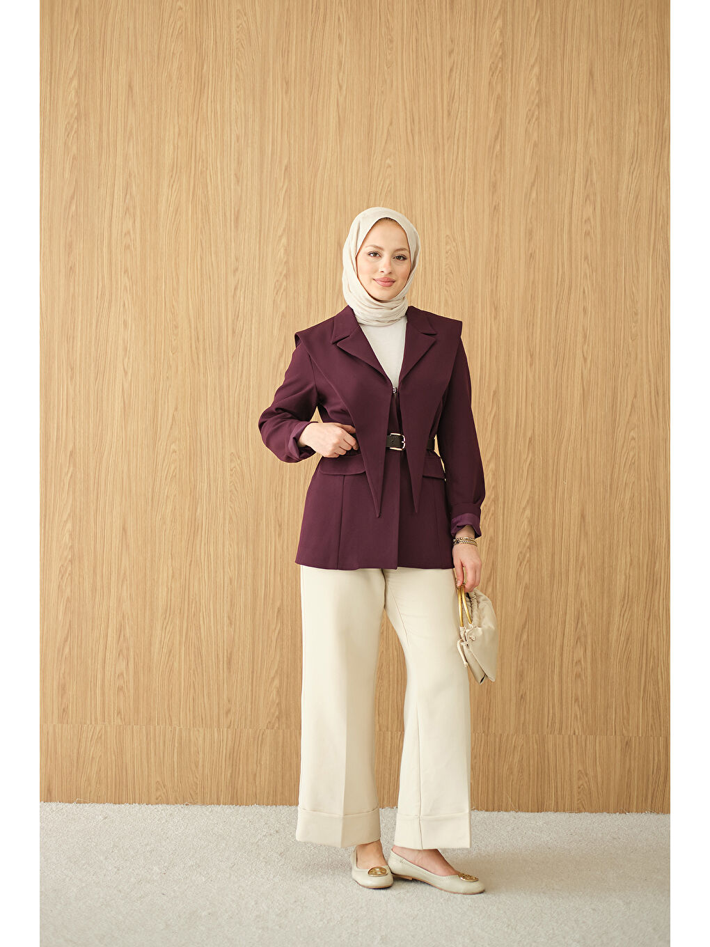 Kadın Kruvaze Yaka Cep Detay Ceket Mürdüm-2