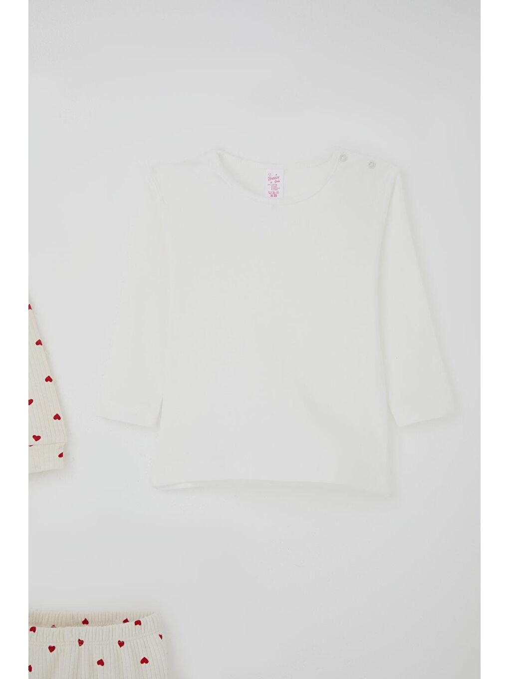 Ekru Kız Bebek Bodyli 3 Lü Takım Kalp Desenli Önden Çıtçıtlı Krem (4 Ay-1 Yaş)-3