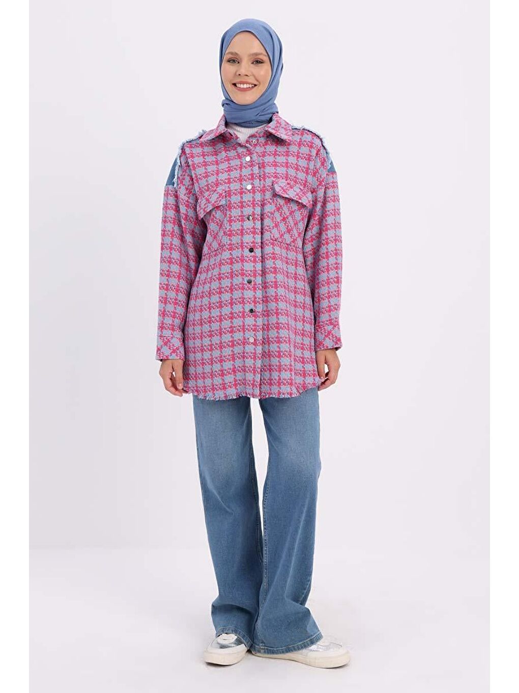 Pembe-Mavi-Denim Garnili Tüvit Gömlek Tunik-1
