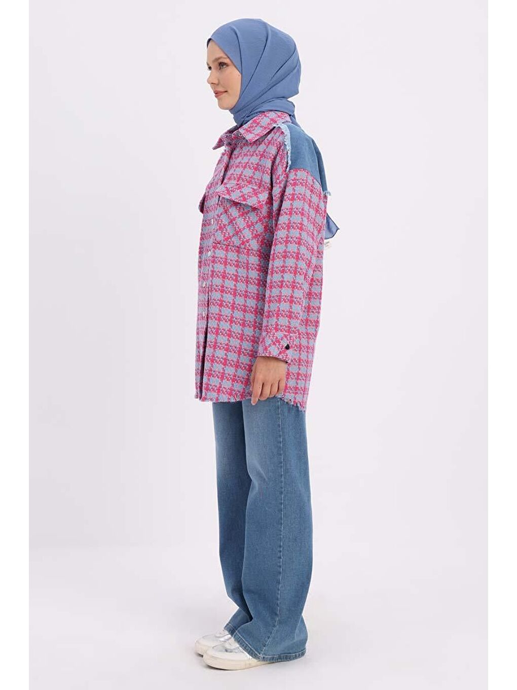 Pembe-Mavi-Denim Garnili Tüvit Gömlek Tunik-2