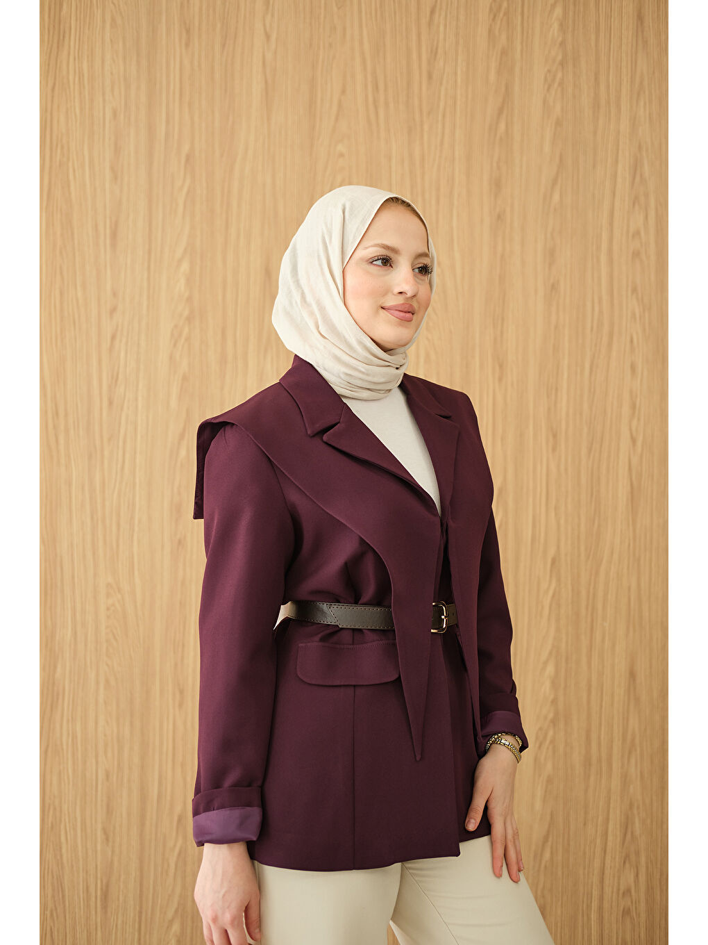 Kadın Kruvaze Yaka Cep Detay Ceket Mürdüm-3