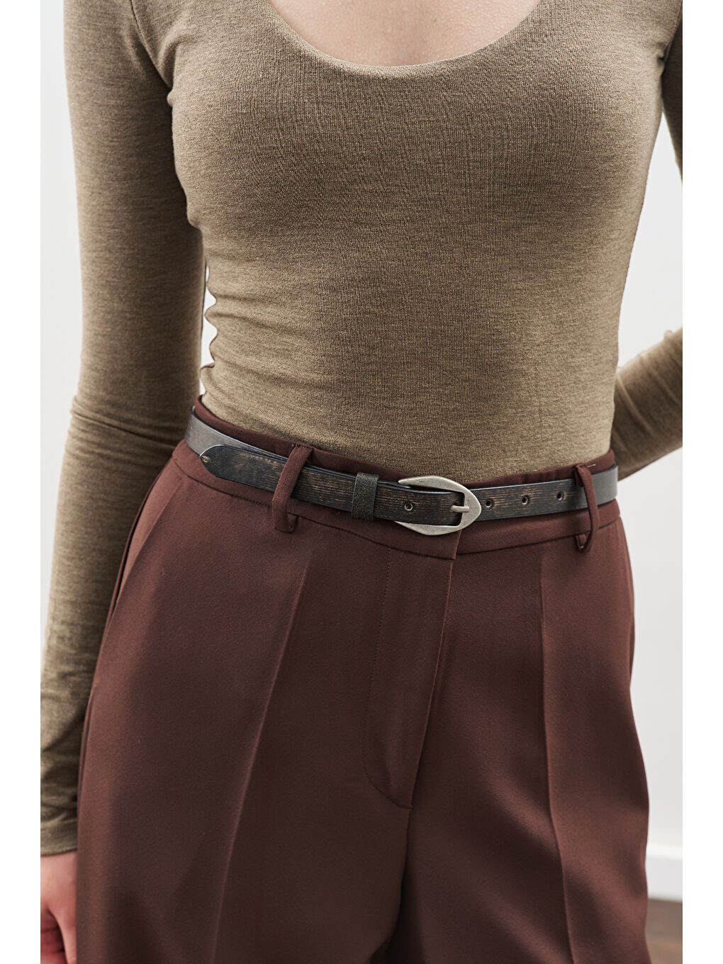 Eskitme Efektli Deri Kemer Kahverengi-1