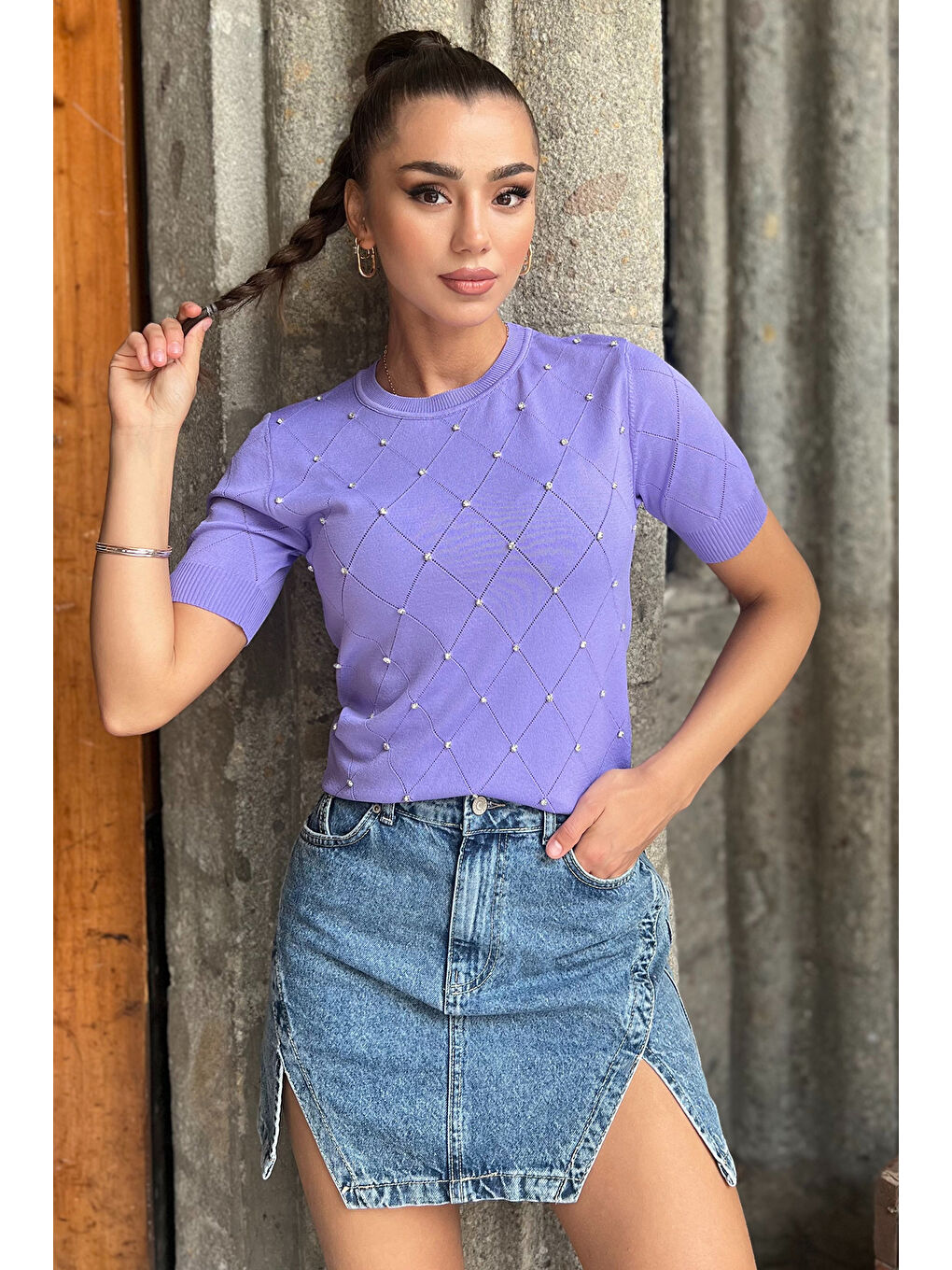 Lila Kendinden Desenli Taşlı Kadın Bluz