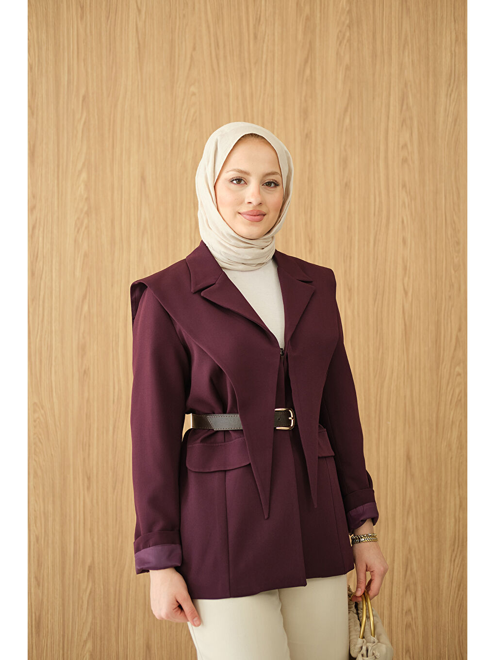 Kadın Kruvaze Yaka Cep Detay Ceket Mürdüm-4