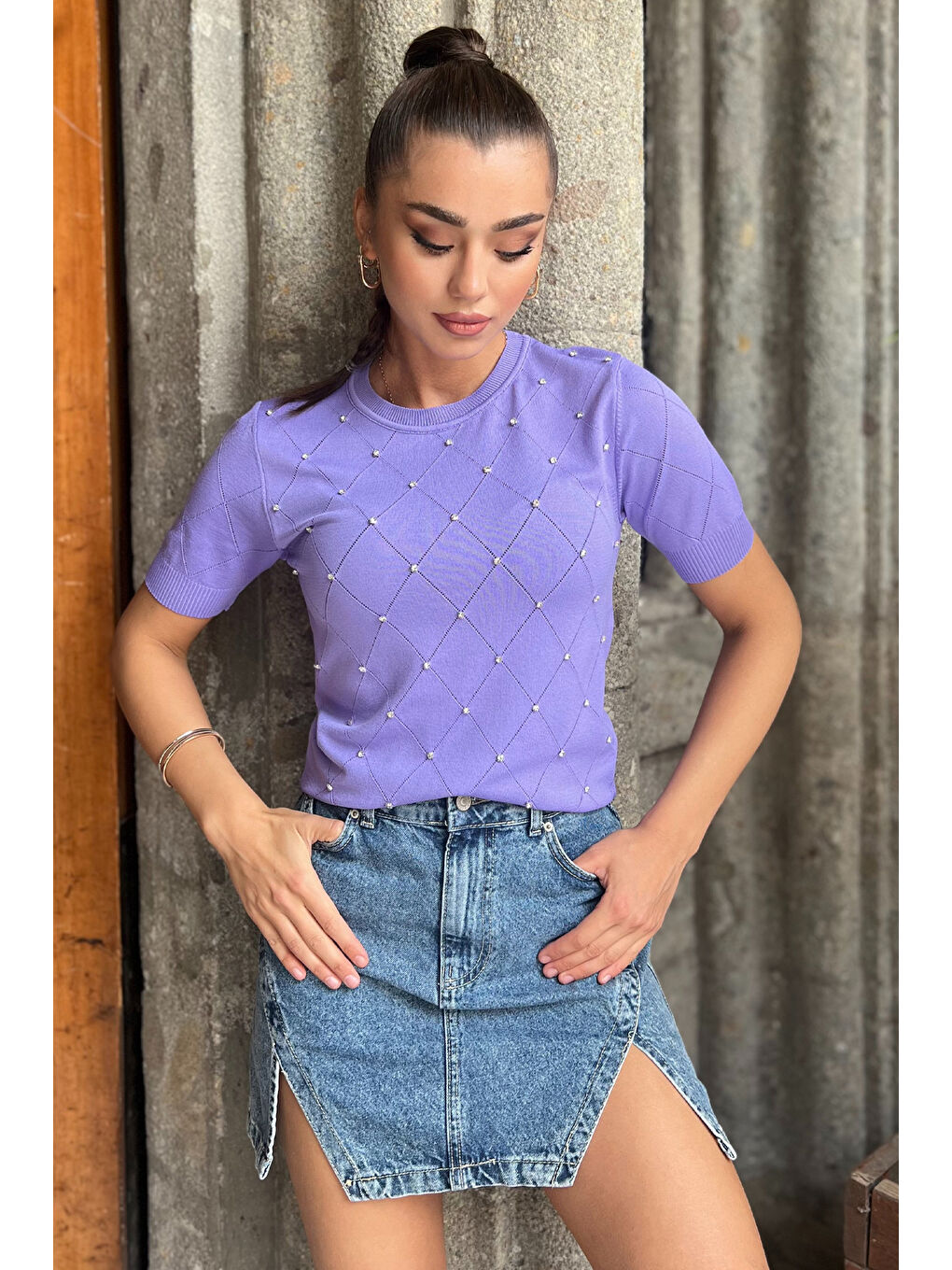 Lila Kendinden Desenli Taşlı Kadın Bluz-1