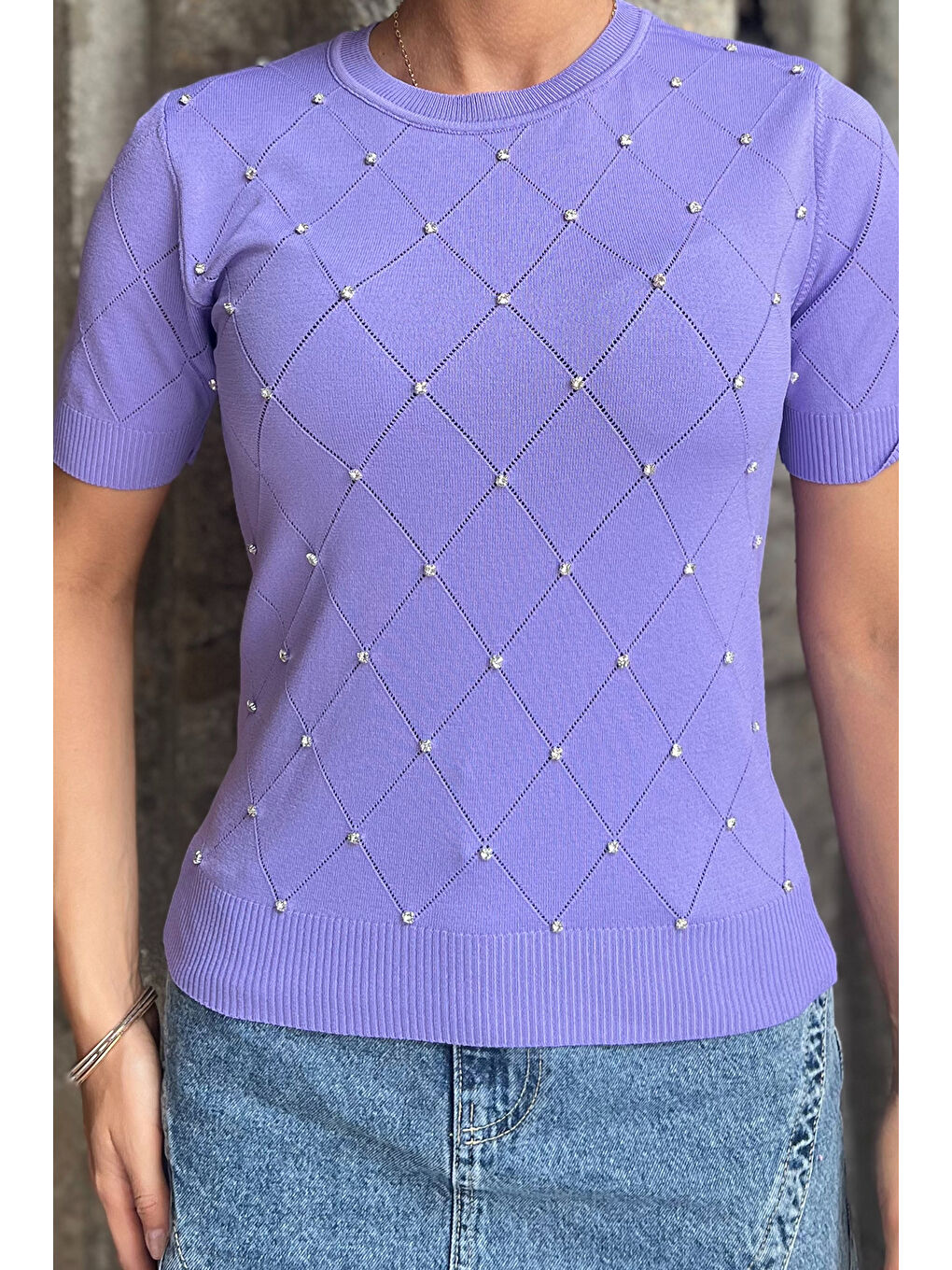 Lila Kendinden Desenli Taşlı Kadın Bluz-2