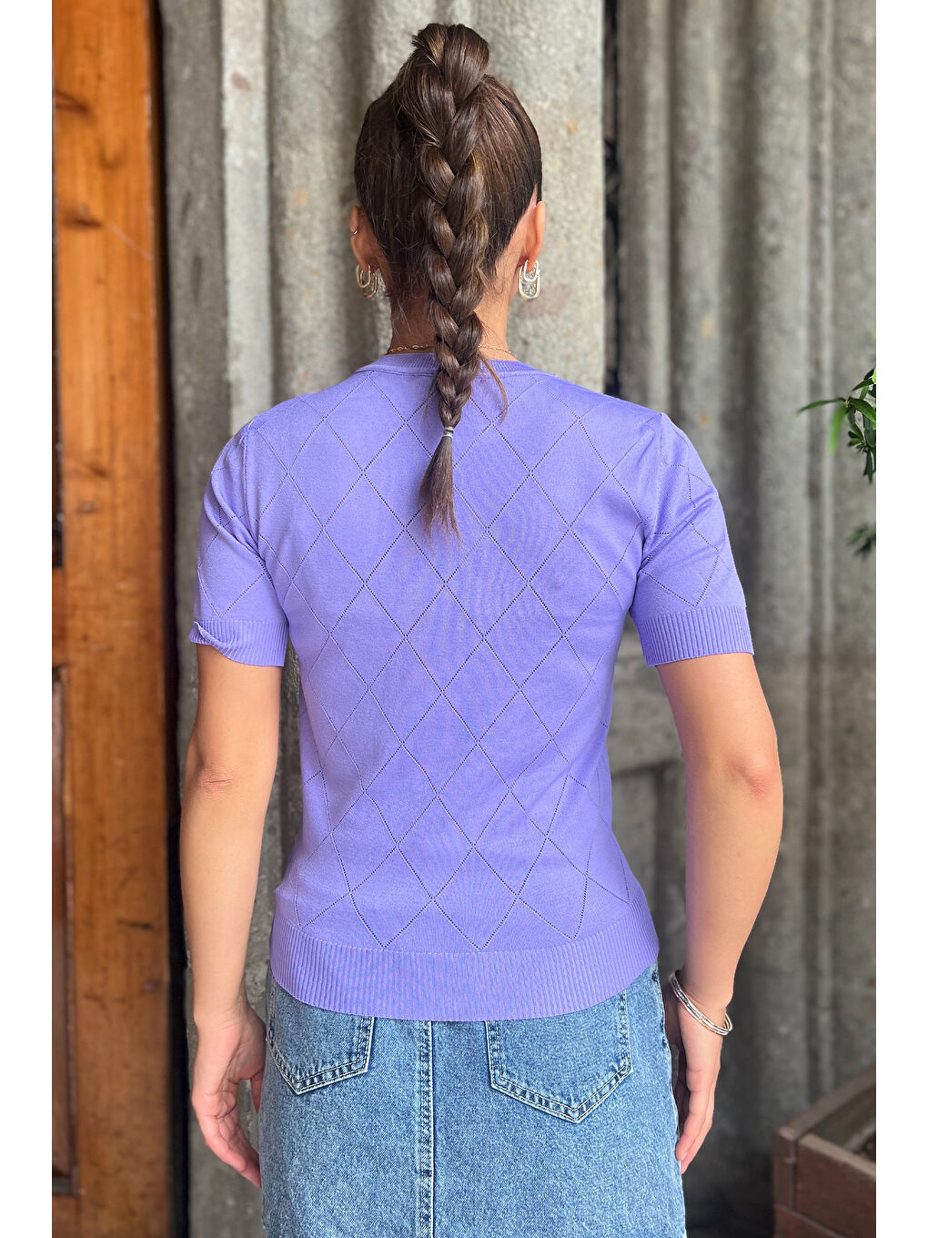 Lila Kendinden Desenli Taşlı Kadın Bluz-3