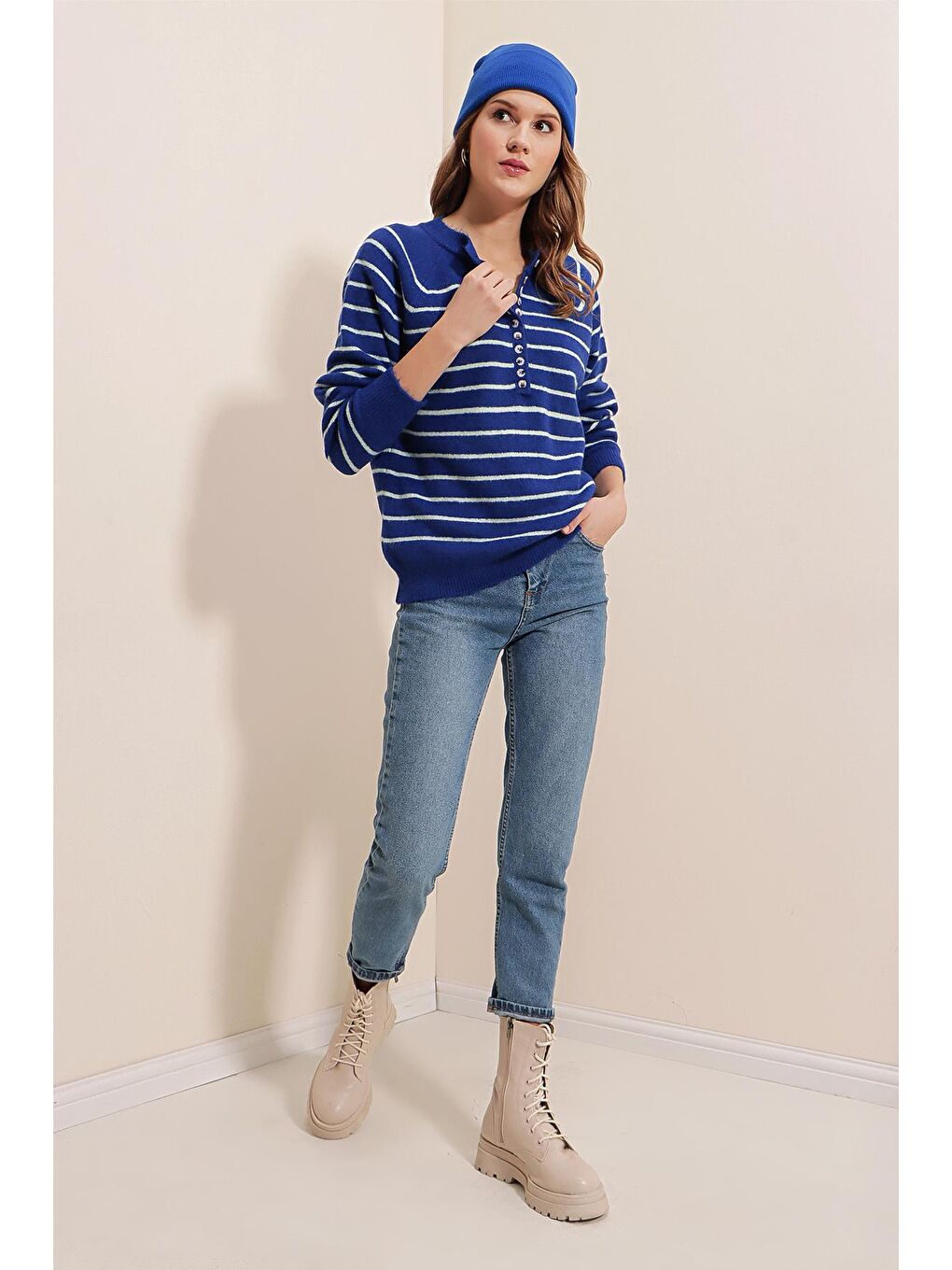 Mavi 15808 Düğmeli Kazak - Saks-3