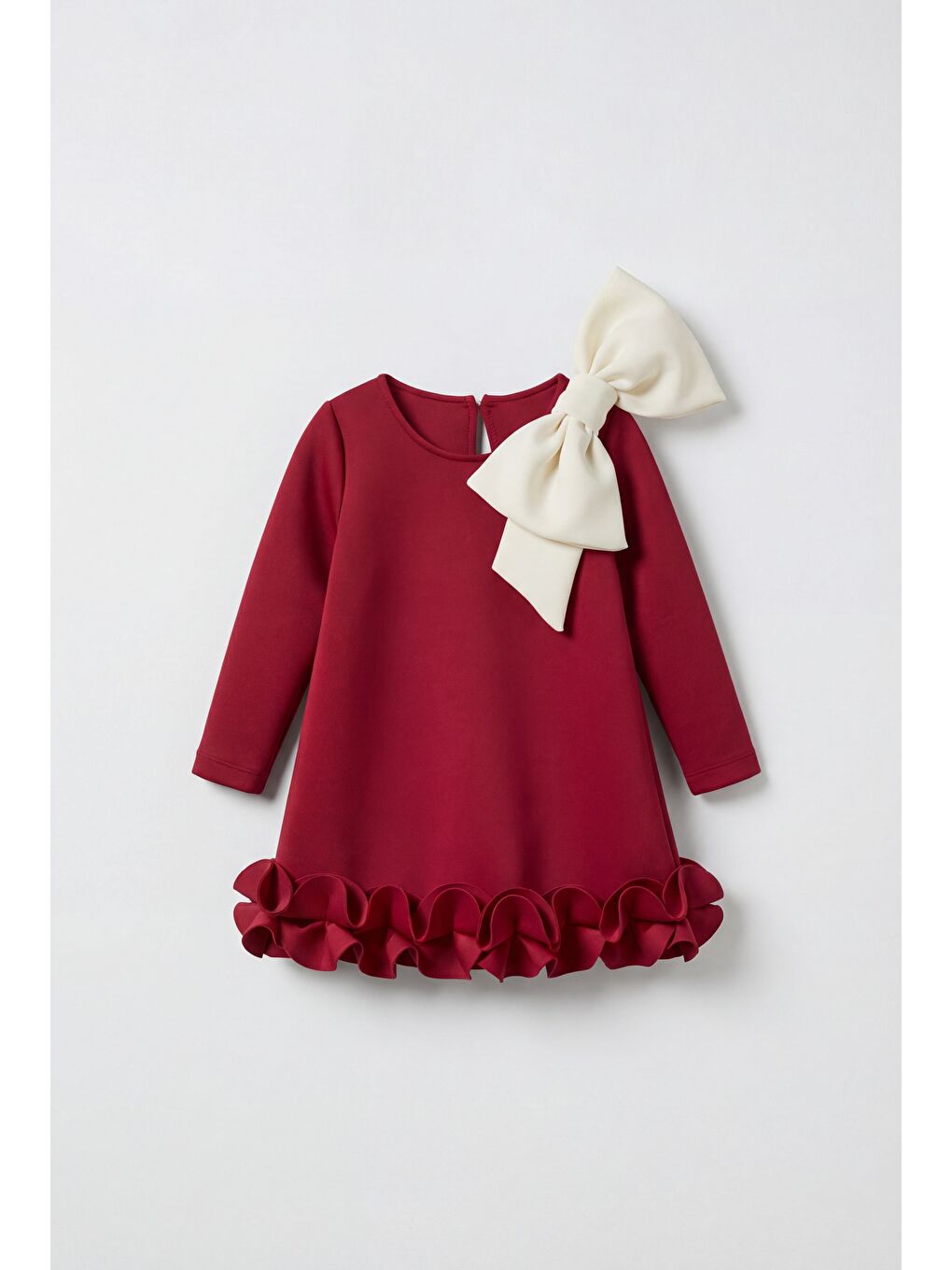 Kız Çocuk Pamuklu Kırmızı Fırfır Fiyonk Detaylı Elbise-1