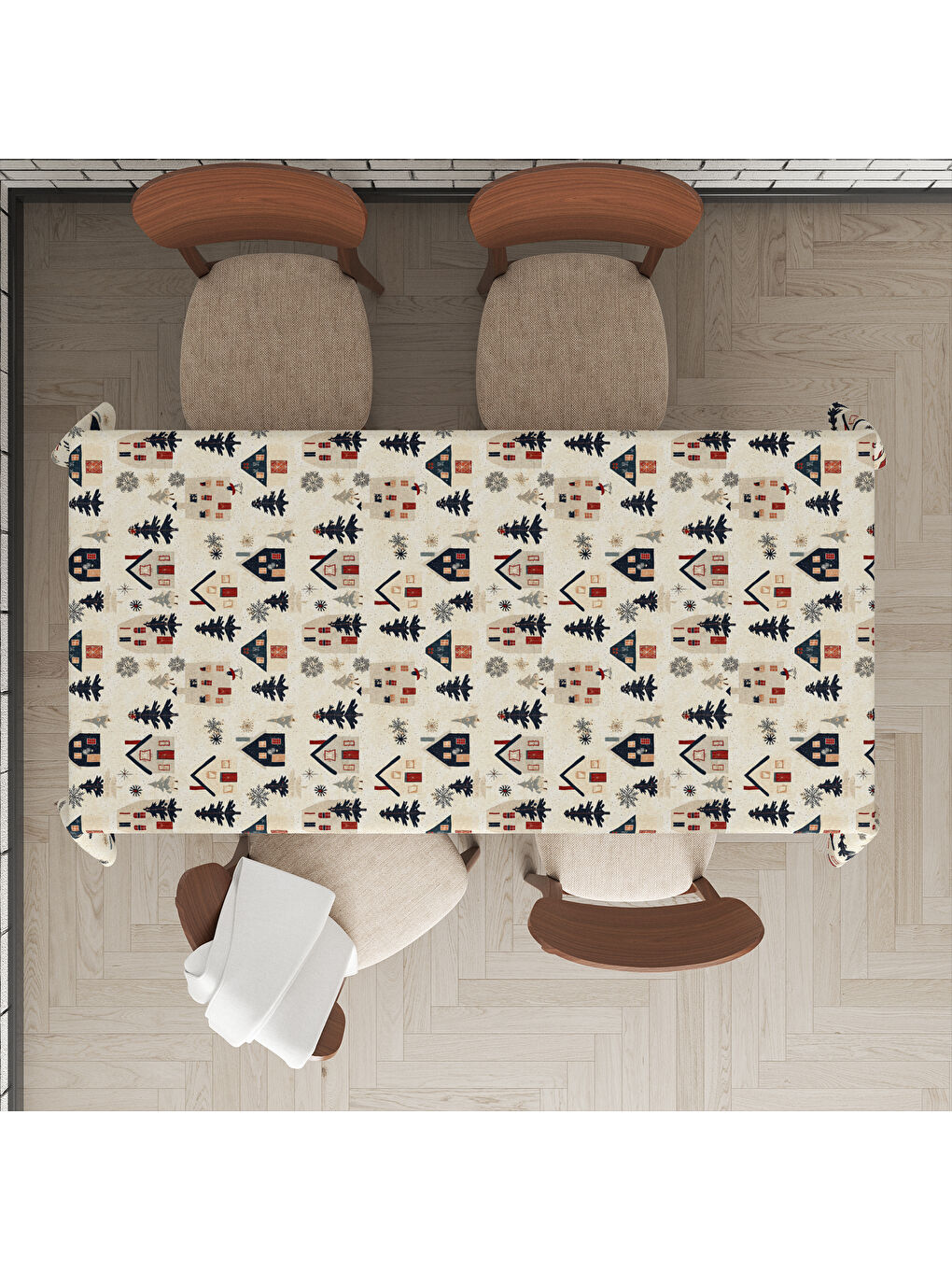 Karışık Yılbaşı Temalı Çam Ağacı Desenli Dijital Baskılı Masa Örtüsü-1