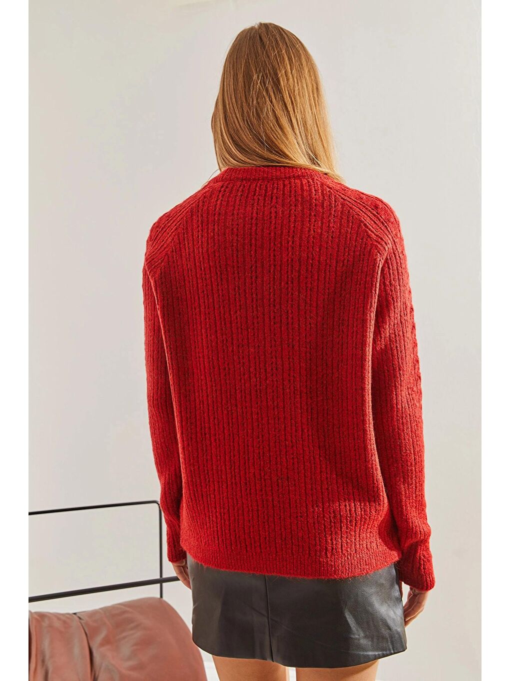 Kırmızı Kadın Desenli Triko Kazak-2