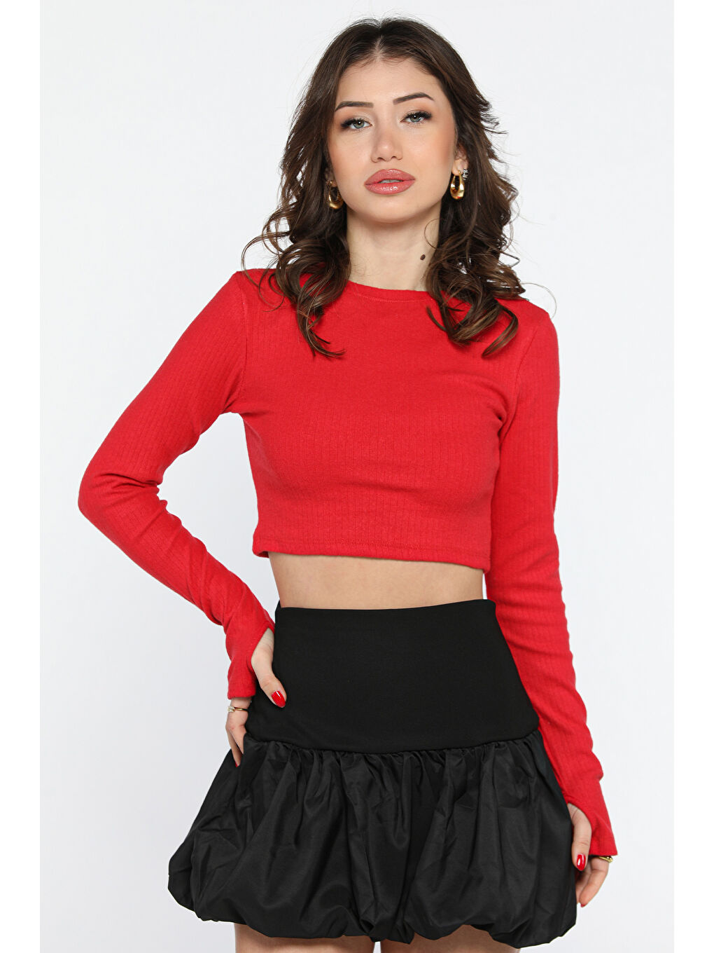 GÜLSELİ Kırmızı Kadın Bisiklet Yaka Kolu Pencereli Kaşkorse Crop Top Bluz - 1