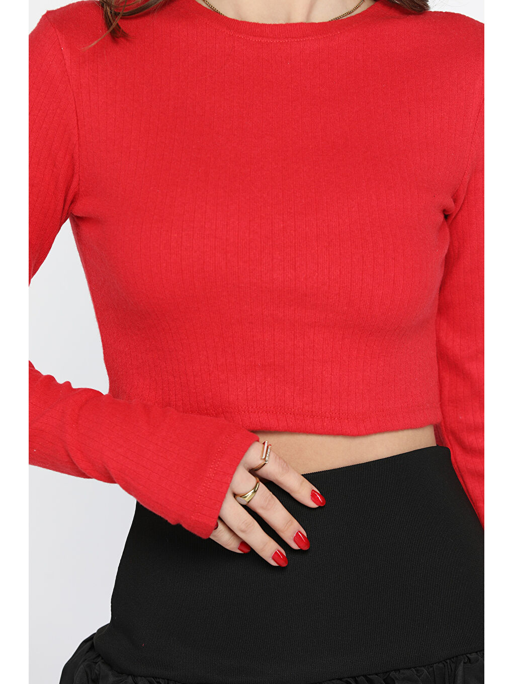 GÜLSELİ Kırmızı Kadın Bisiklet Yaka Kolu Pencereli Kaşkorse Crop Top Bluz - 3