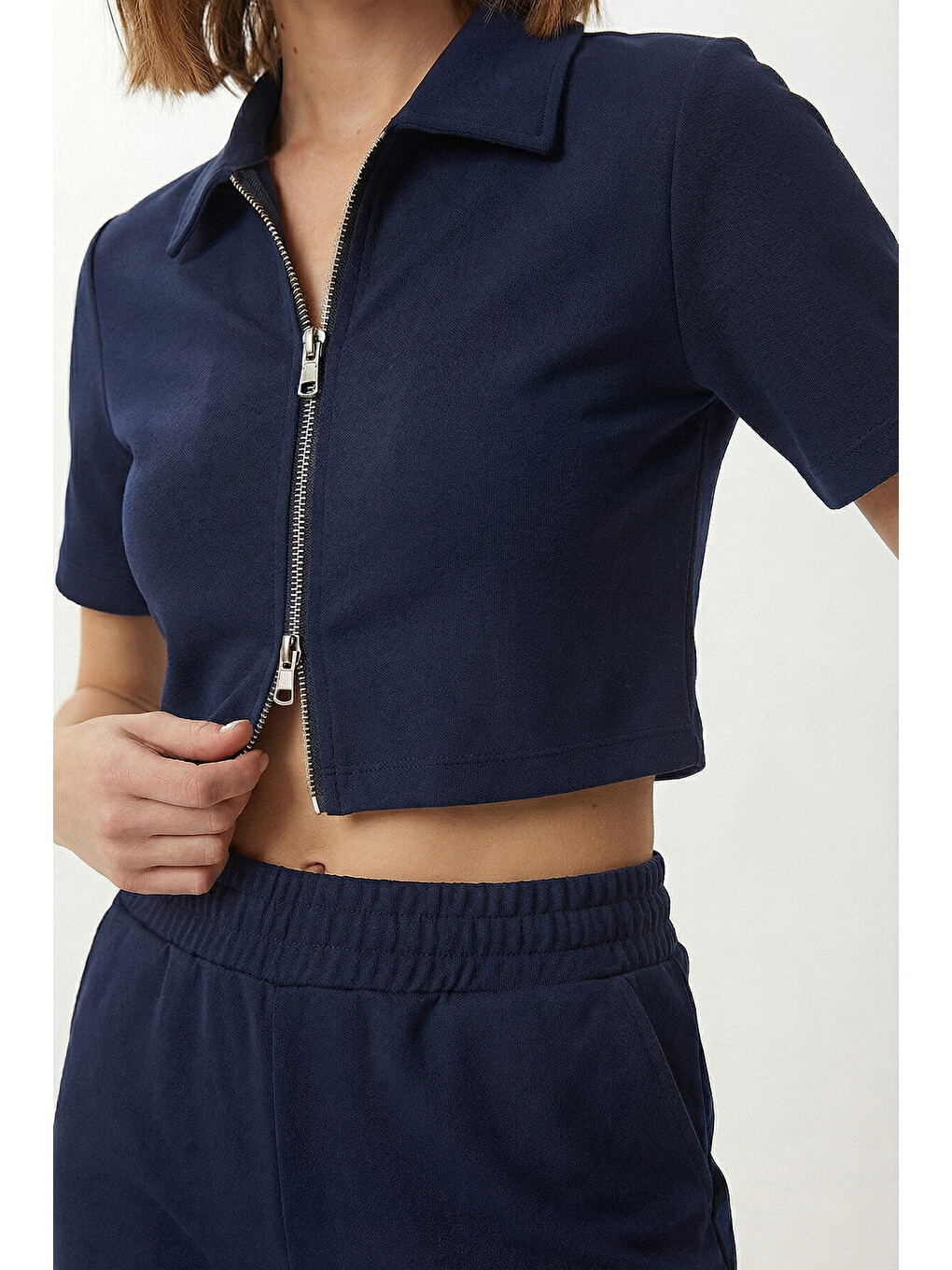 Lacivert Fermuarlı Crop Modal Alt-Üst Takım LACİVERT LBY0047-3