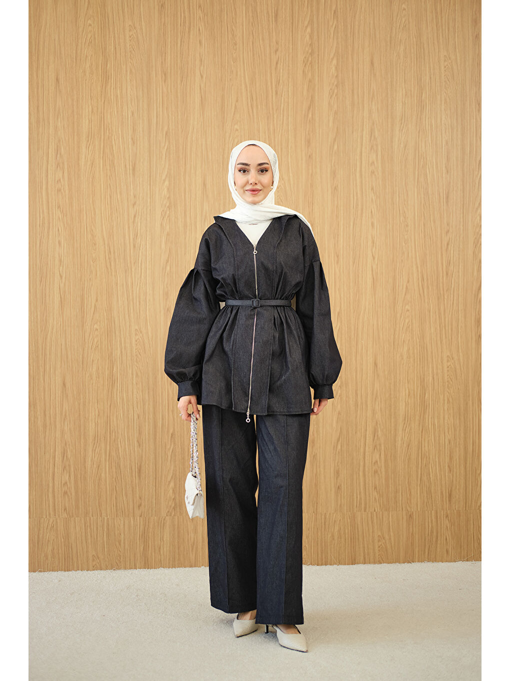 Kadın Beli Lastik Detay V Yaka Kemerli Takım Lacivert-1