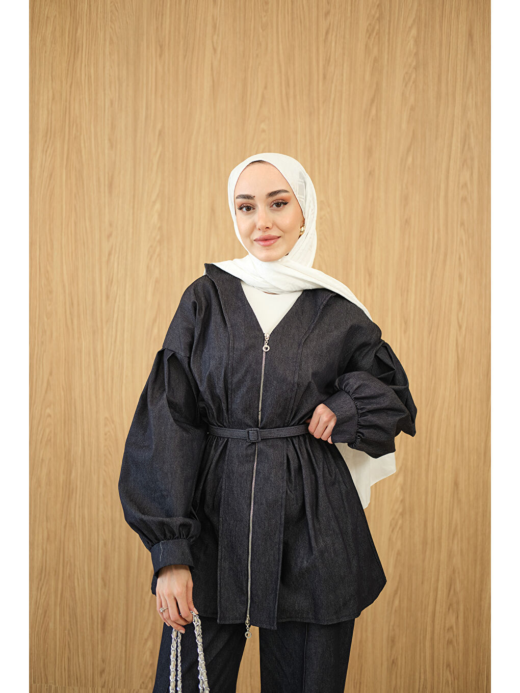 Kadın Beli Lastik Detay V Yaka Kemerli Takım Lacivert-2