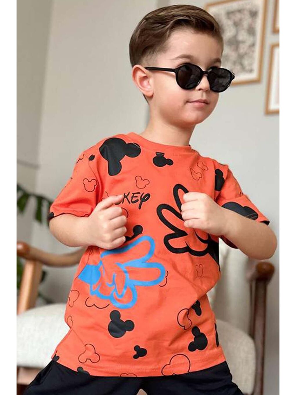 Erkek Çocuk Parmak ve Ayıcık Baskılı Turuncu T-Shirt Şortlu Takım-1