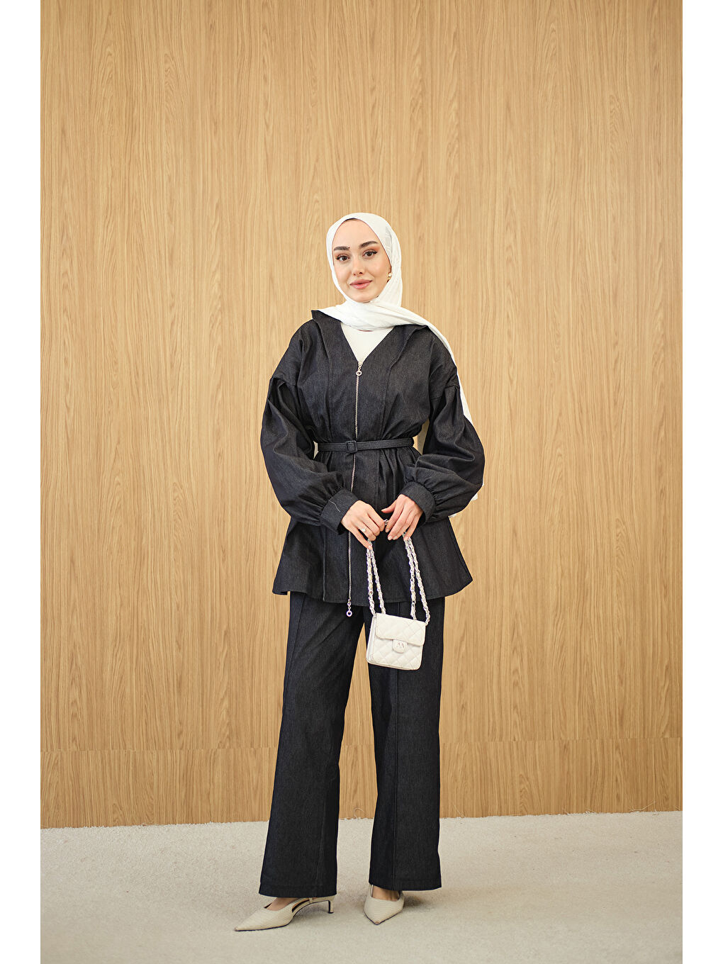 Kadın Beli Lastik Detay V Yaka Kemerli Takım Lacivert-3