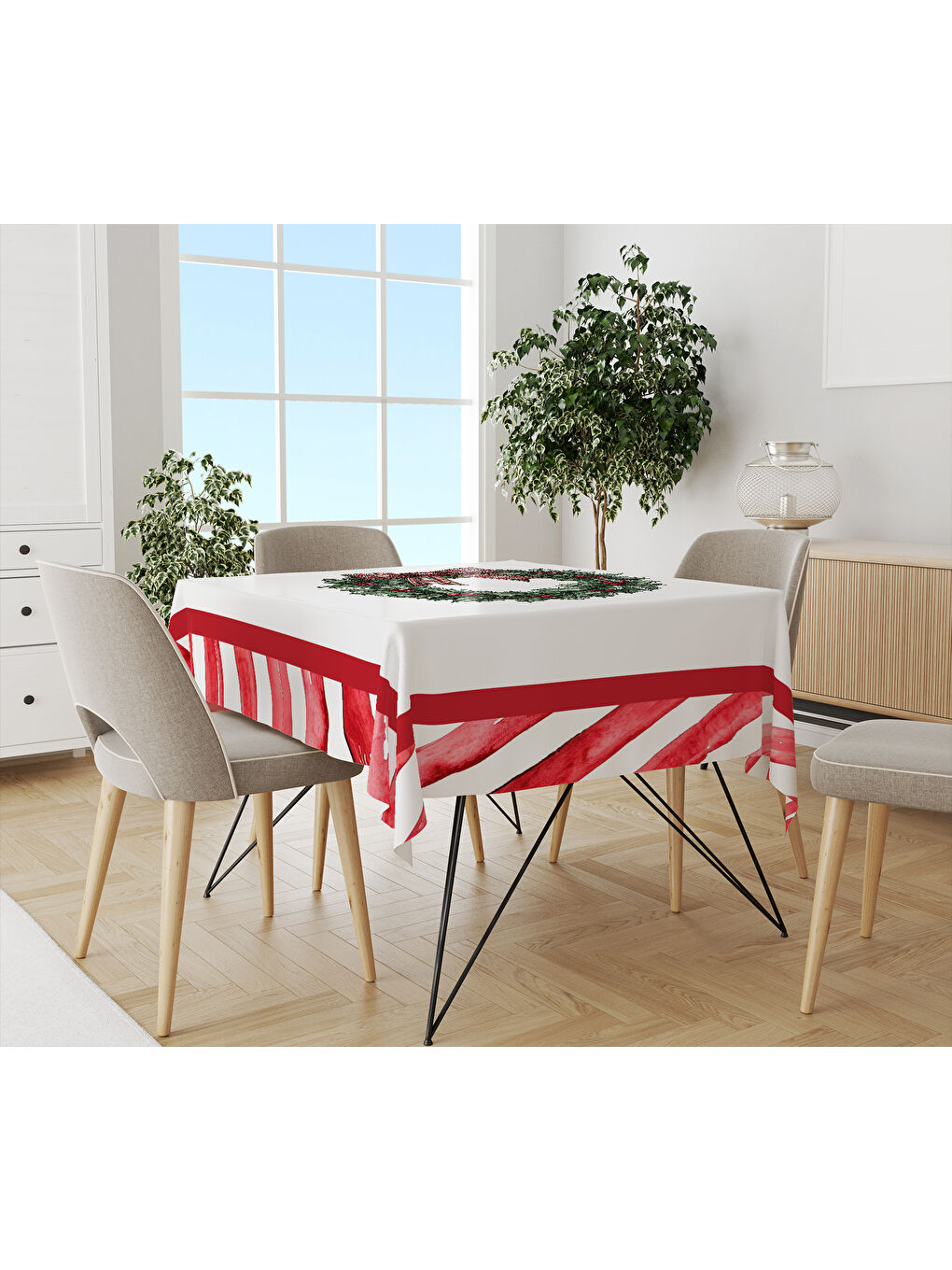 Karışık Yılbaşı Temalı Çelenk Desenli Dijital Baskılı Masa Örtüsü