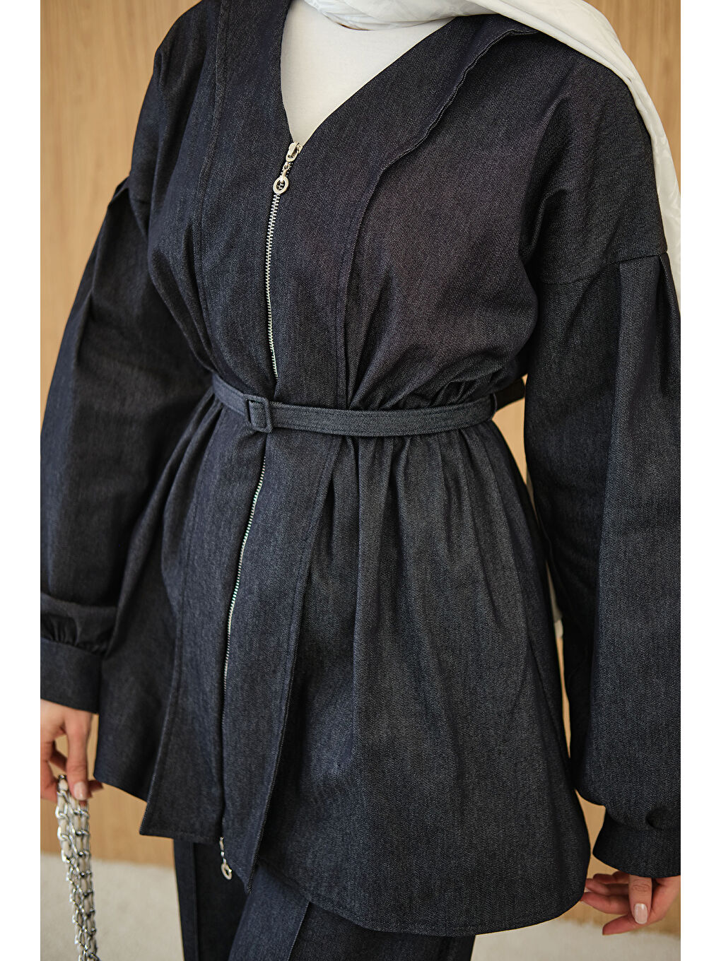 Kadın Beli Lastik Detay V Yaka Kemerli Takım Lacivert-4