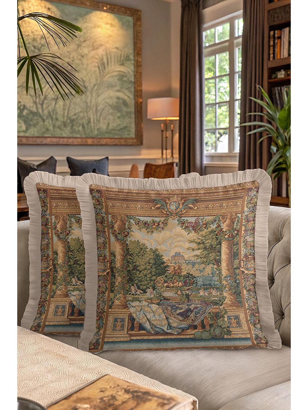 Karışık Avangard Barok Saçaklı Yastık Kılıfı - Şato Bahçe Klasik Nostaljik Altın Renk Püsküllü Kırlent Kılıf-7