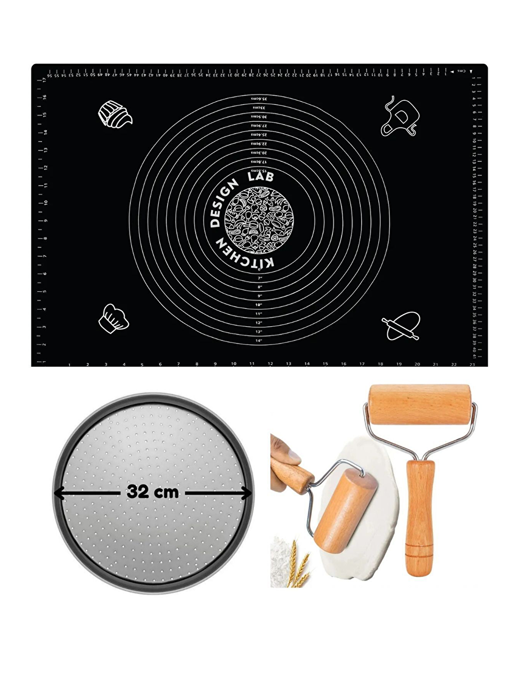 Siyah Silikon Hamur Açma Matı 45 X 65 Cm, 32 Cm Pizza Tepsisi Ve Ahşap Saplı Hamur Açıcı