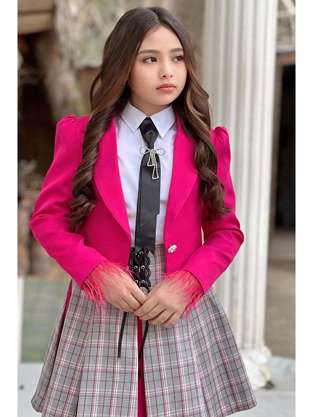 Kız Çocuk Blazer Ceket, Kravat Çizgili Fuşya Etekli Takım