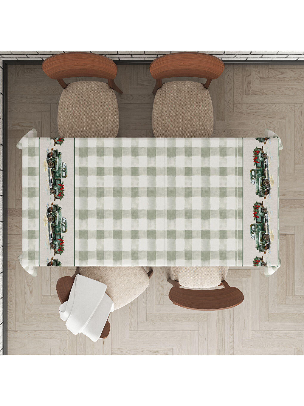 Karışık Yılbaşı Temalı Yeşil Dama Desenli Dijital Baskılı Masa Örtüsü-1