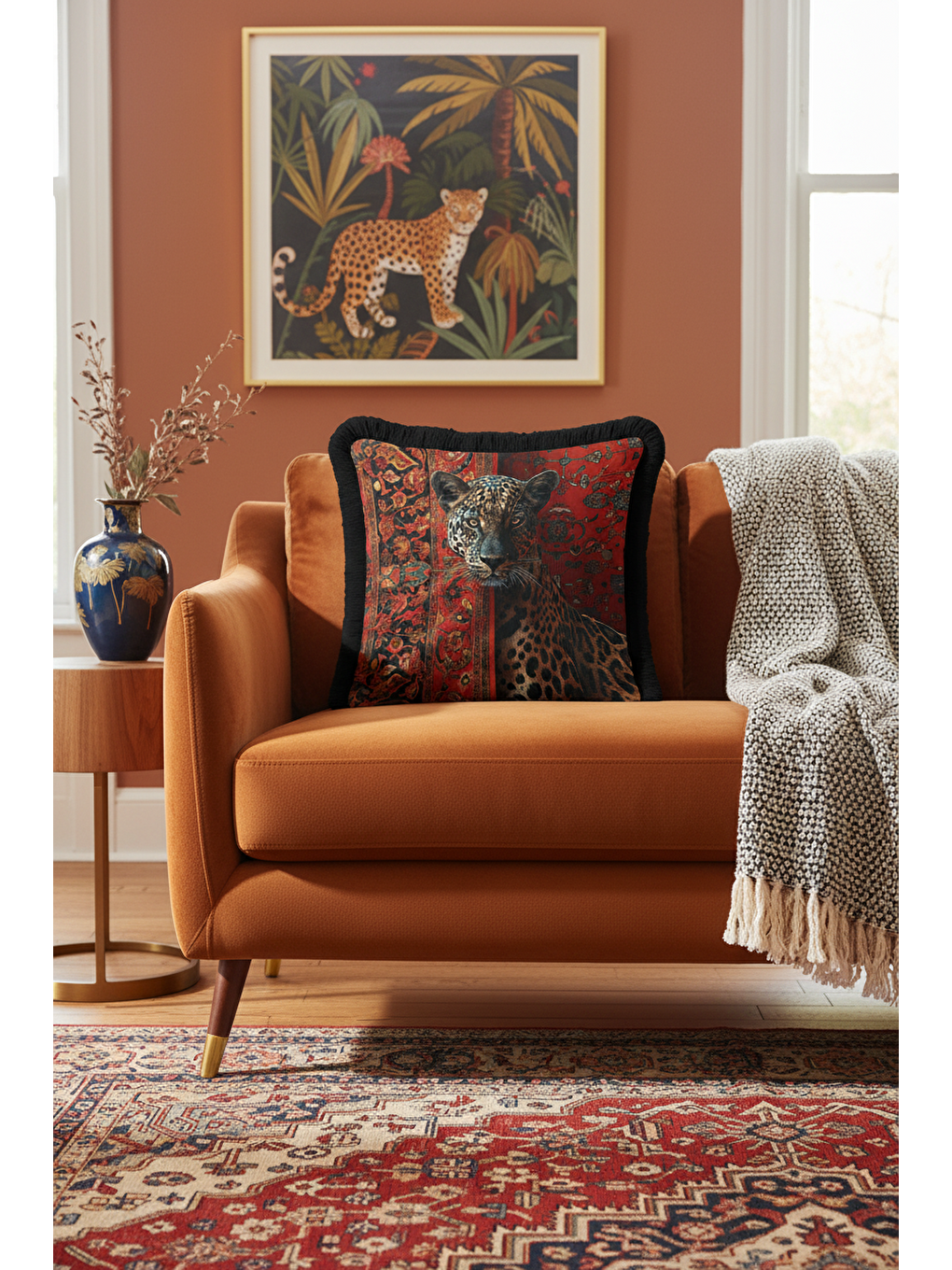 Karışık Oryantal Leopar Temalı Saçaklı Yastık Kılıfı - Kırmızı Siyah Lüks Etnik Püsküllü Kırlent Kılıfı