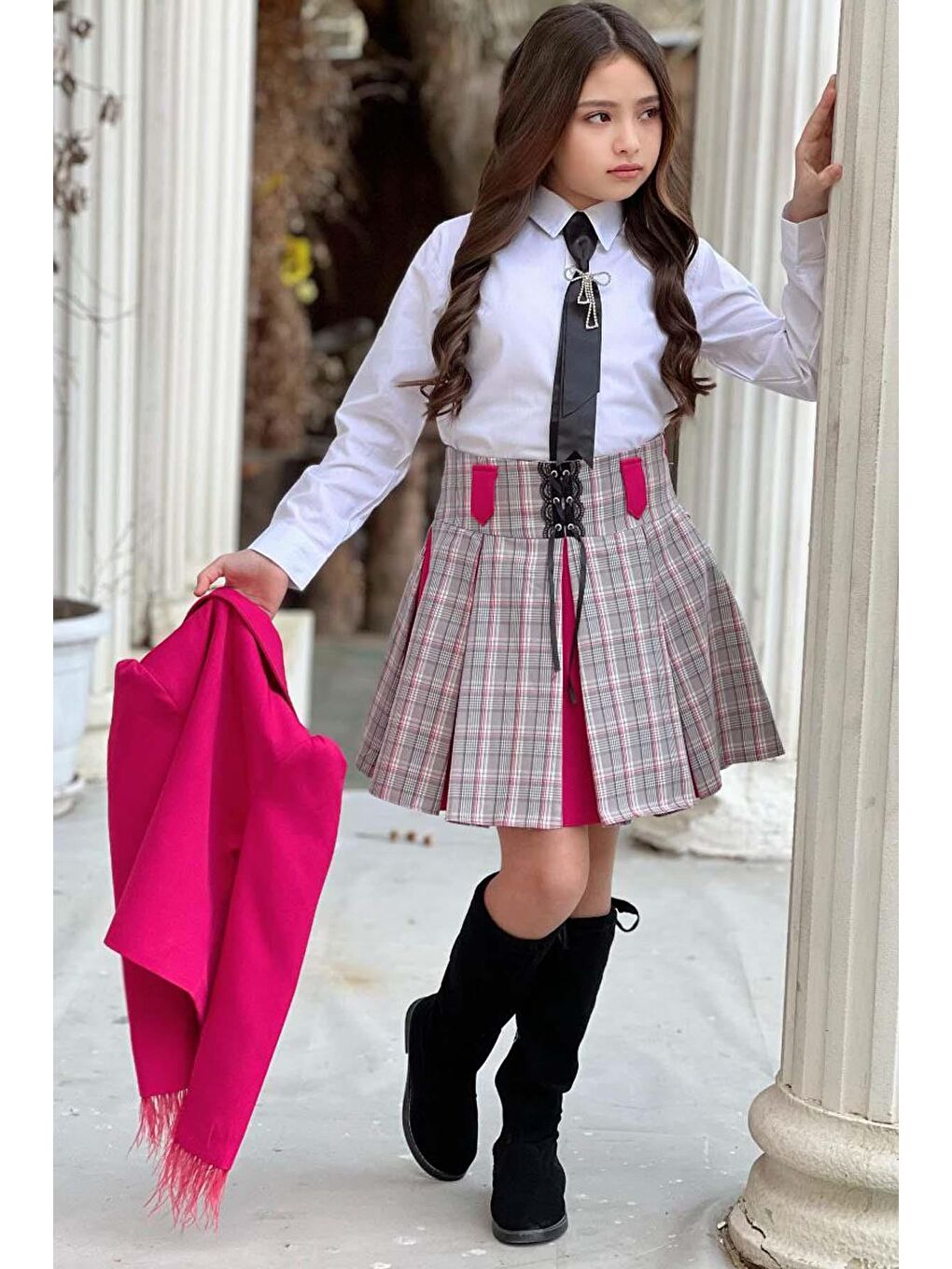 Kız Çocuk Blazer Ceket, Kravat Çizgili Fuşya Etekli Takım-2