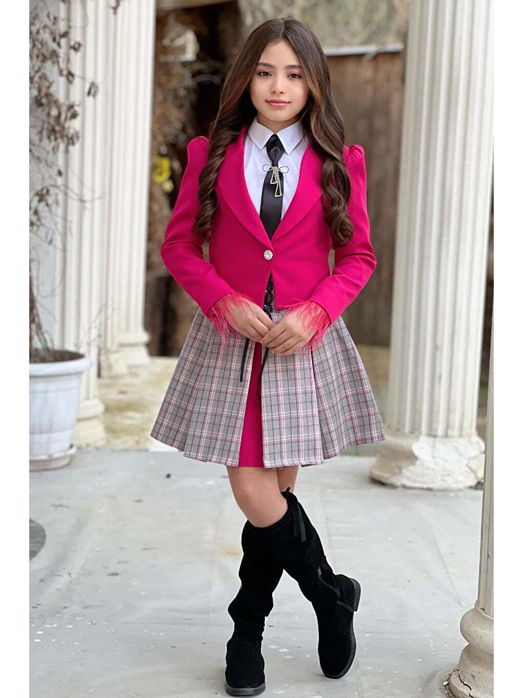 Kız Çocuk Blazer Ceket, Kravat Çizgili Fuşya Etekli Takım-3