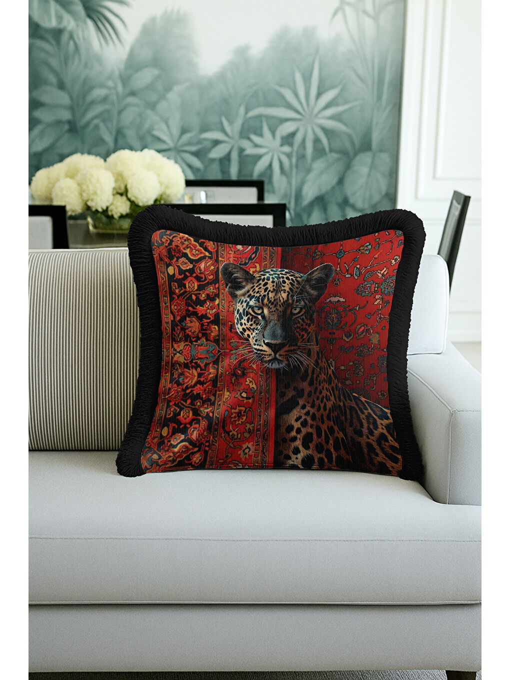 Karışık Oryantal Leopar Temalı Saçaklı Yastık Kılıfı - Kırmızı Siyah Lüks Etnik Püsküllü Kırlent Kılıfı-1