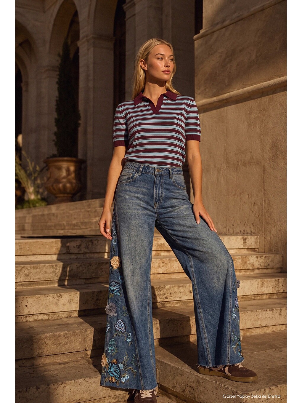 Mavi Kadın Koyu Jean 4w6-8 Palazzo Fit Nakış Ve 3d Gül Detaylı Özel Tasarım Denim Jean-2