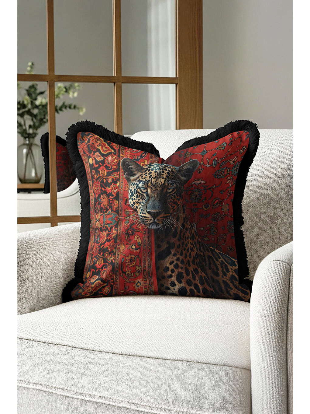 Karışık Oryantal Leopar Temalı Saçaklı Yastık Kılıfı - Kırmızı Siyah Lüks Etnik Püsküllü Kırlent Kılıfı-2
