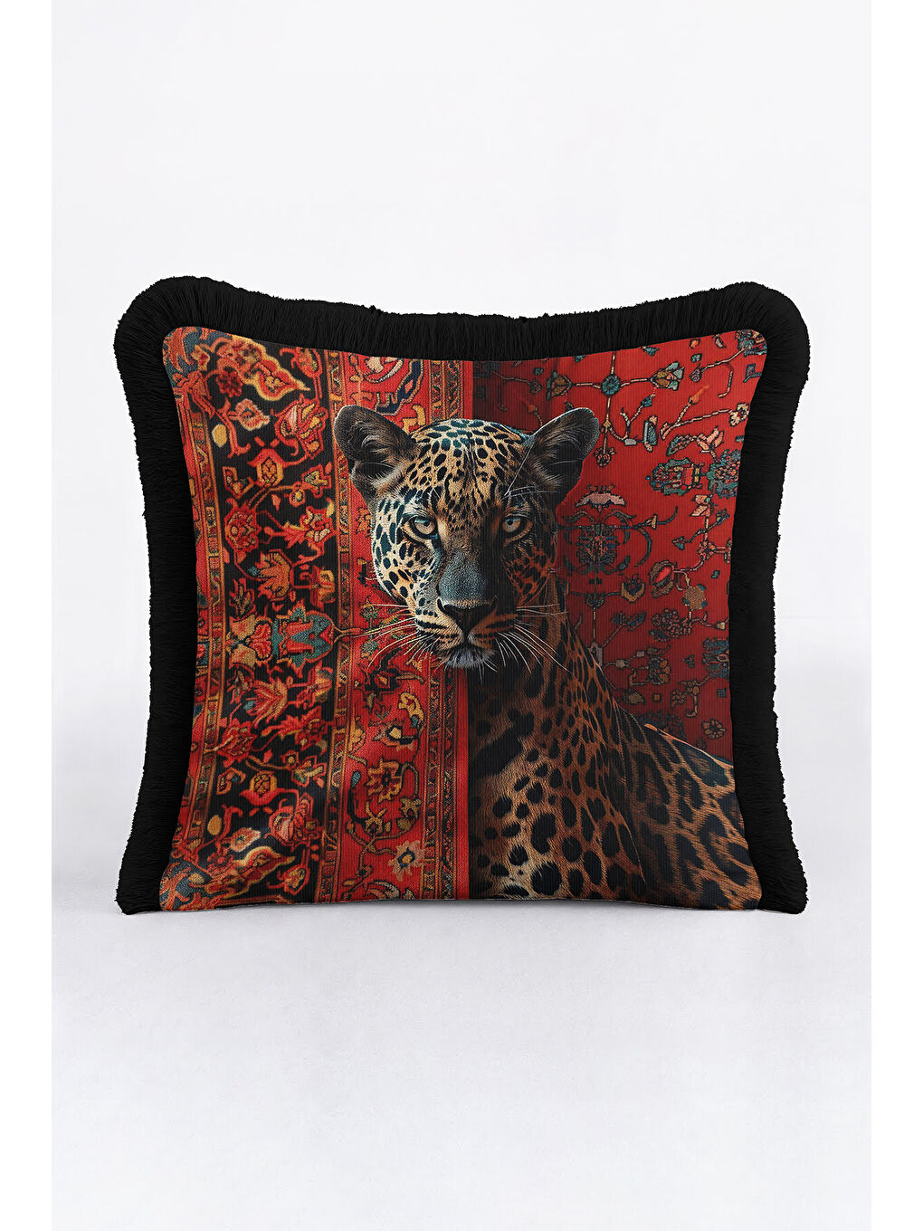 Karışık Oryantal Leopar Temalı Saçaklı Yastık Kılıfı - Kırmızı Siyah Lüks Etnik Püsküllü Kırlent Kılıfı-3