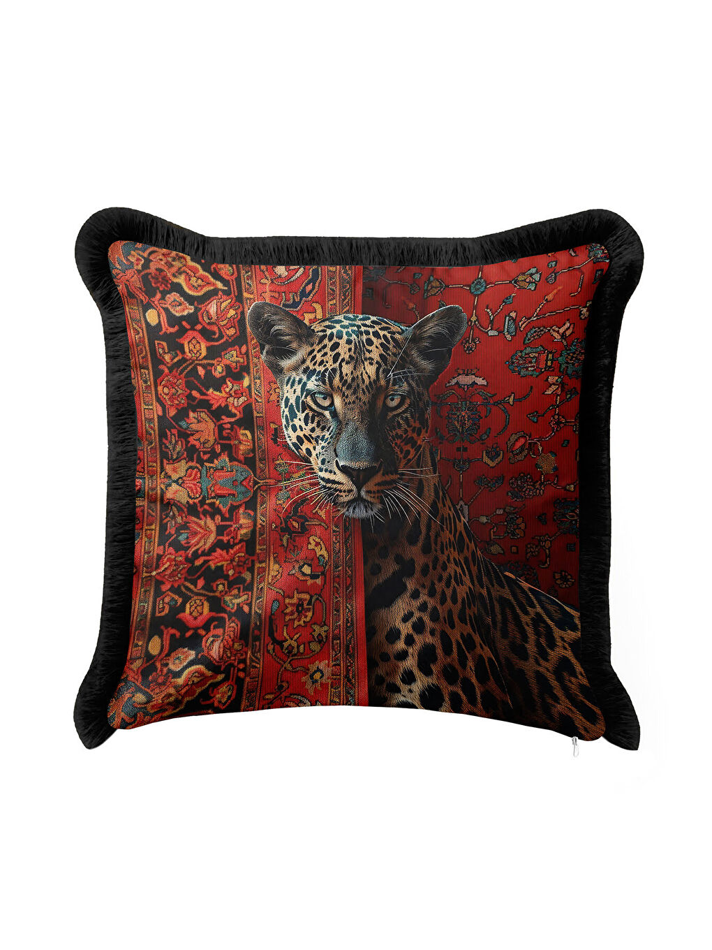 Karışık Oryantal Leopar Temalı Saçaklı Yastık Kılıfı - Kırmızı Siyah Lüks Etnik Püsküllü Kırlent Kılıfı-4