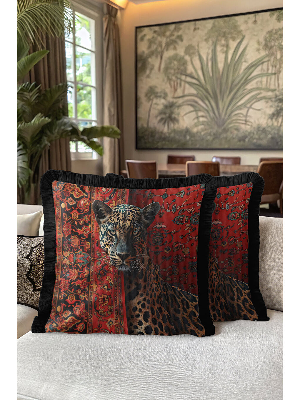 Karışık Oryantal Leopar Temalı Saçaklı Yastık Kılıfı - Kırmızı Siyah Lüks Etnik Püsküllü Kırlent Kılıfı-5